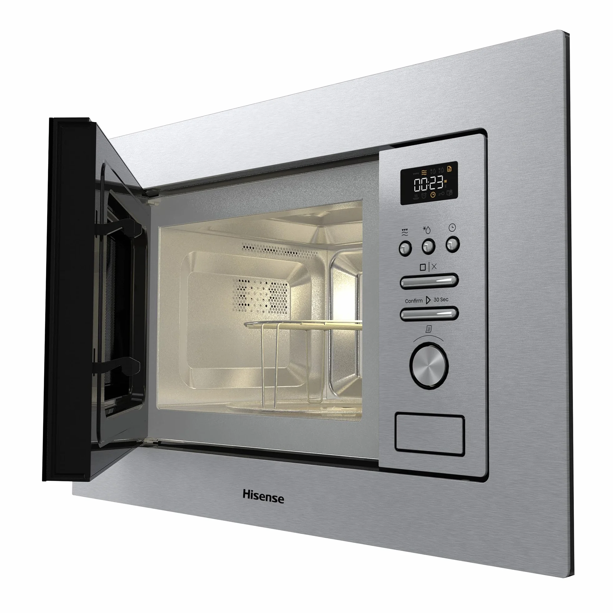 Hisense BIM320G41X - Microondas Integrable, 1000W, 20L, Alto 38.8cm x Ancho 59.5cm, Color Inox, 5 Niveles de Potencia, 15 Programas Preestablecidos, Grill Combo, Descongelar por Tiempo o Peso