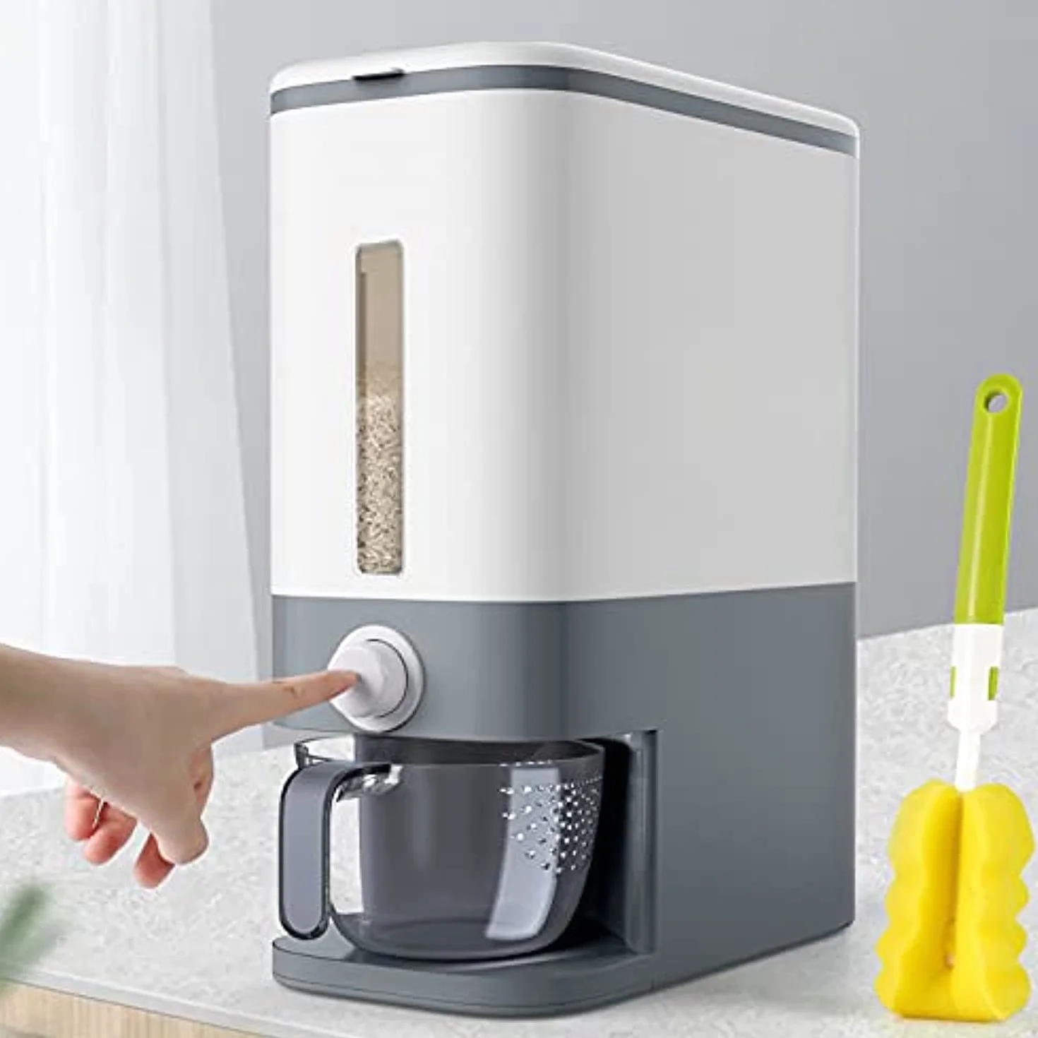 Dispensador de arroz grande, contenedor de grano grande con tapa, cilindro de medición, a prueba de humedad, dispensador de cereales para el hogar, cubo para cocina, soja y maíz