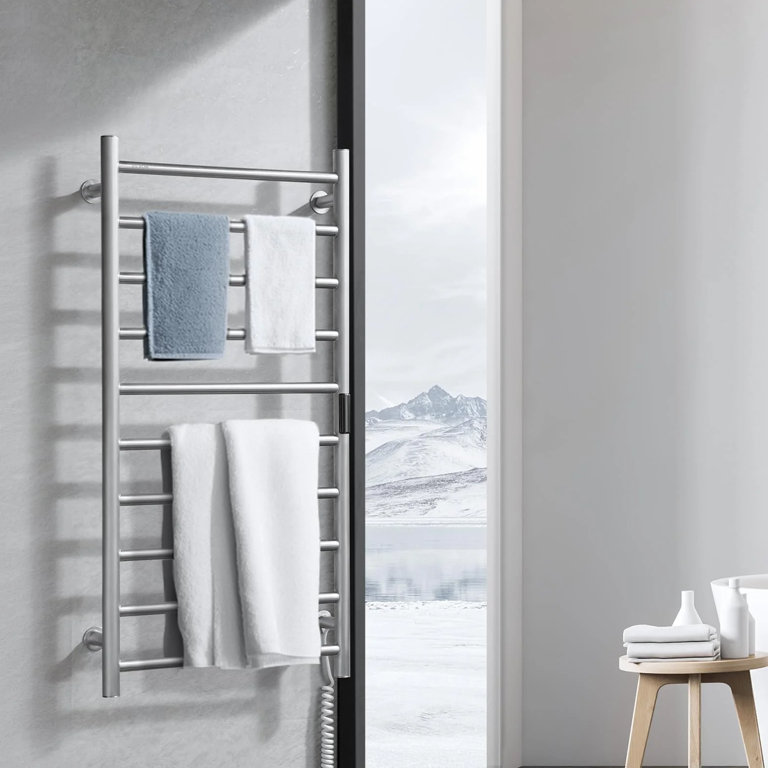 VEVOR Calentador de Toallas con Radiador Toallero con 10 Barras Calentador de Toallas Impermeable con Temporizador y Pantalla LED 5 Niveles de Temperatura Ajustables Montado en la Pared, Plata