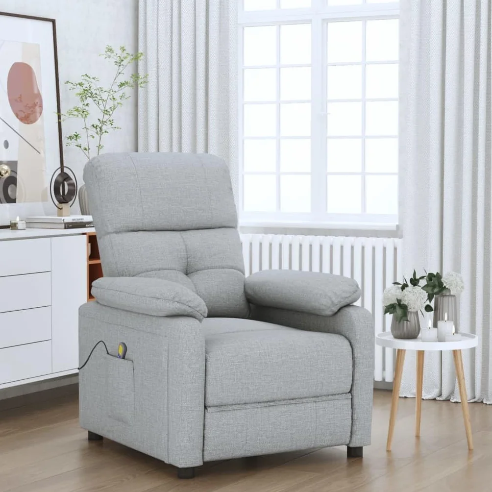 IKAYAA Sillón Reclinable de Masaje con 6 Zonas de Masaje y Mando a Distancia, Reclinable Manual, Sillón Relax de Tela con Prácticos Bolsillo, Gris Claro