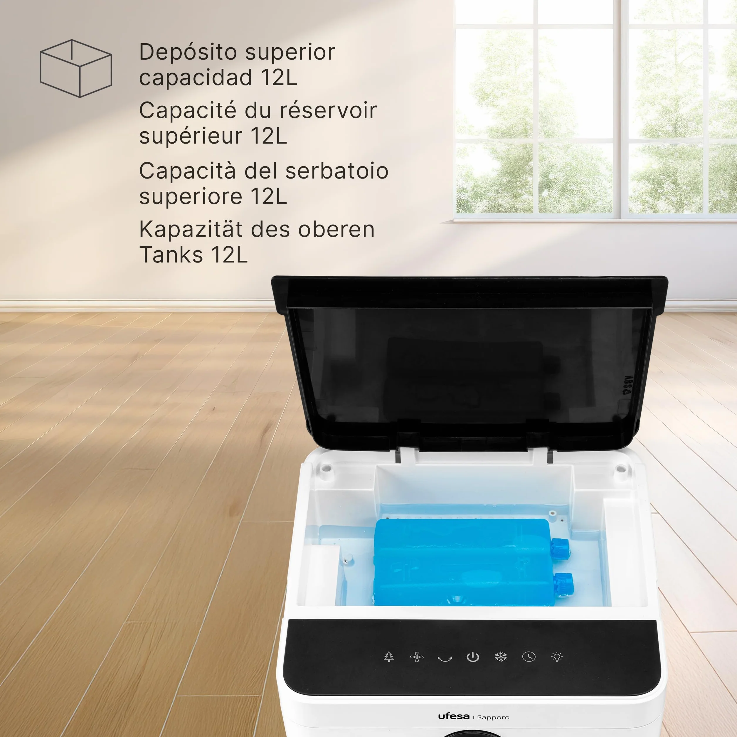 Ufesa Sapporo Climatizador Evaporativo, 100W, Función Fría y Ventilador, 3 Velocidades, 3 Modos, Panel Táctil, Depósito 12L, Temporizador 12h, Filtro Lavable, 2 Bloques de Hielo, Mando a Distancia