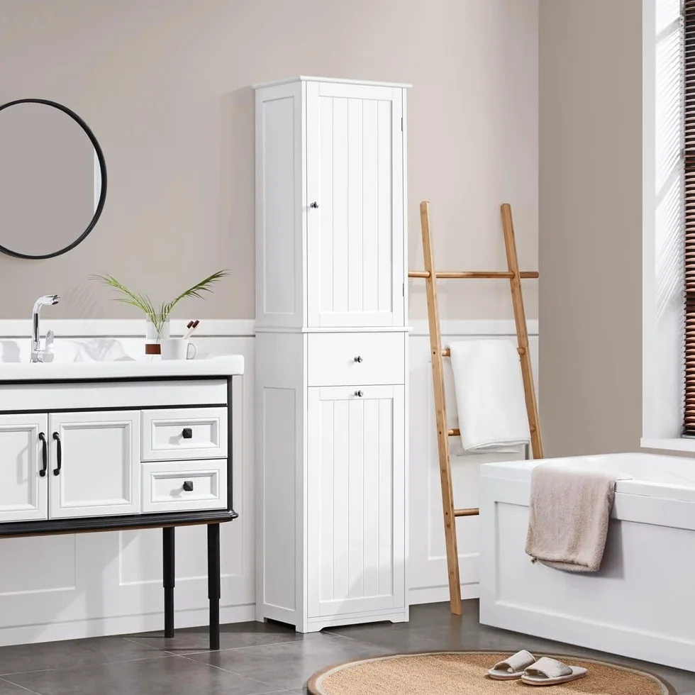 Yaheetech Armario de de Baño Alto Mueble Auxiliar de Baño 45x30x180 cm Armario Estrecho con 1 Armario Cerrado de 3 Estantes Ajustables 1 Cajón y 1 Cesta de Lavandería Blanco