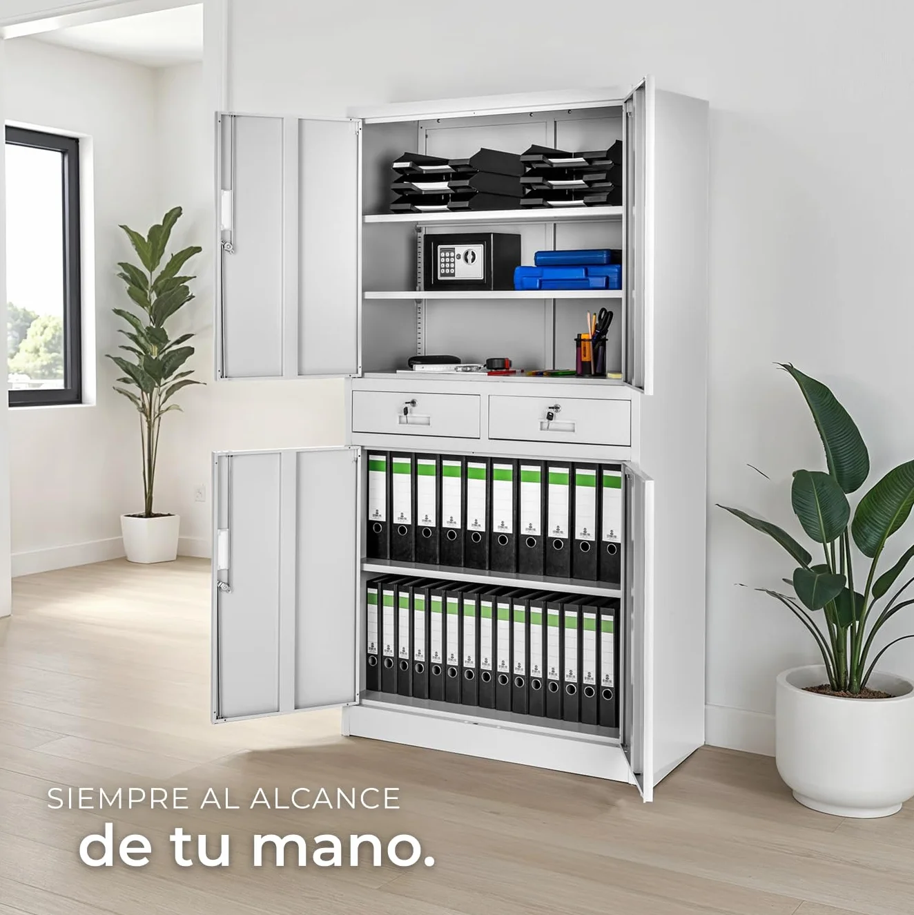 Armario Archivador Oficina Acero 180x80x40 cm Gris Claro 4 Puertas 2 Cajones 3 Estantes Ajustables