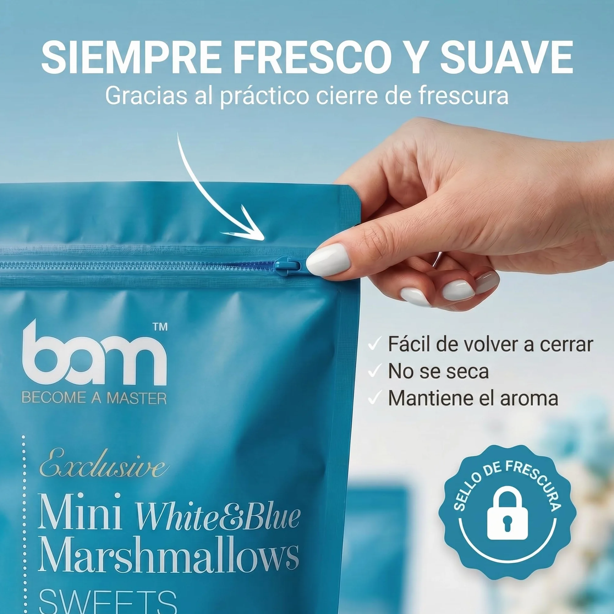 BAM Mini Malvaviscos 250 g Marshmallow Decoración Pasteles Blanco Azul
