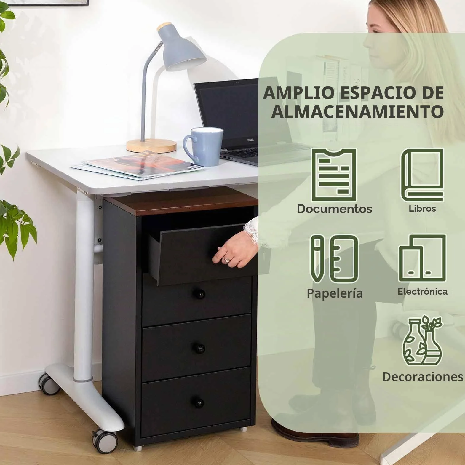 HollyHOME Gabinetes móviles, gabinete con cerradura de 4 cajones, gabinete de almacenamiento de metal con ruedas para oficina en casa en formato carta A4, negro