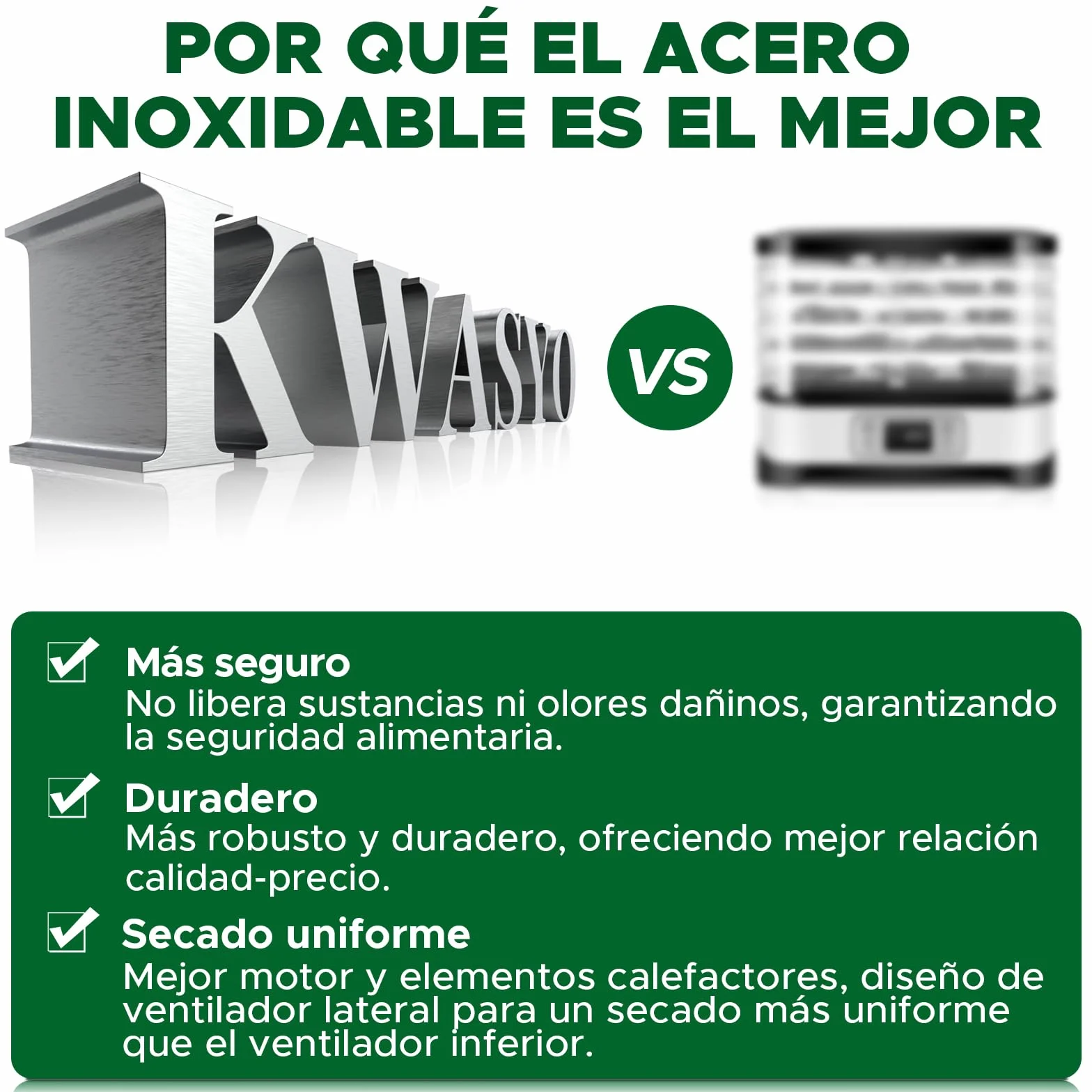 Kwasyo Deshidratador de Alimentos 8 Bandejas Acero Inoxidable 700W Temperatura 30-85℃ Temporizador 24h