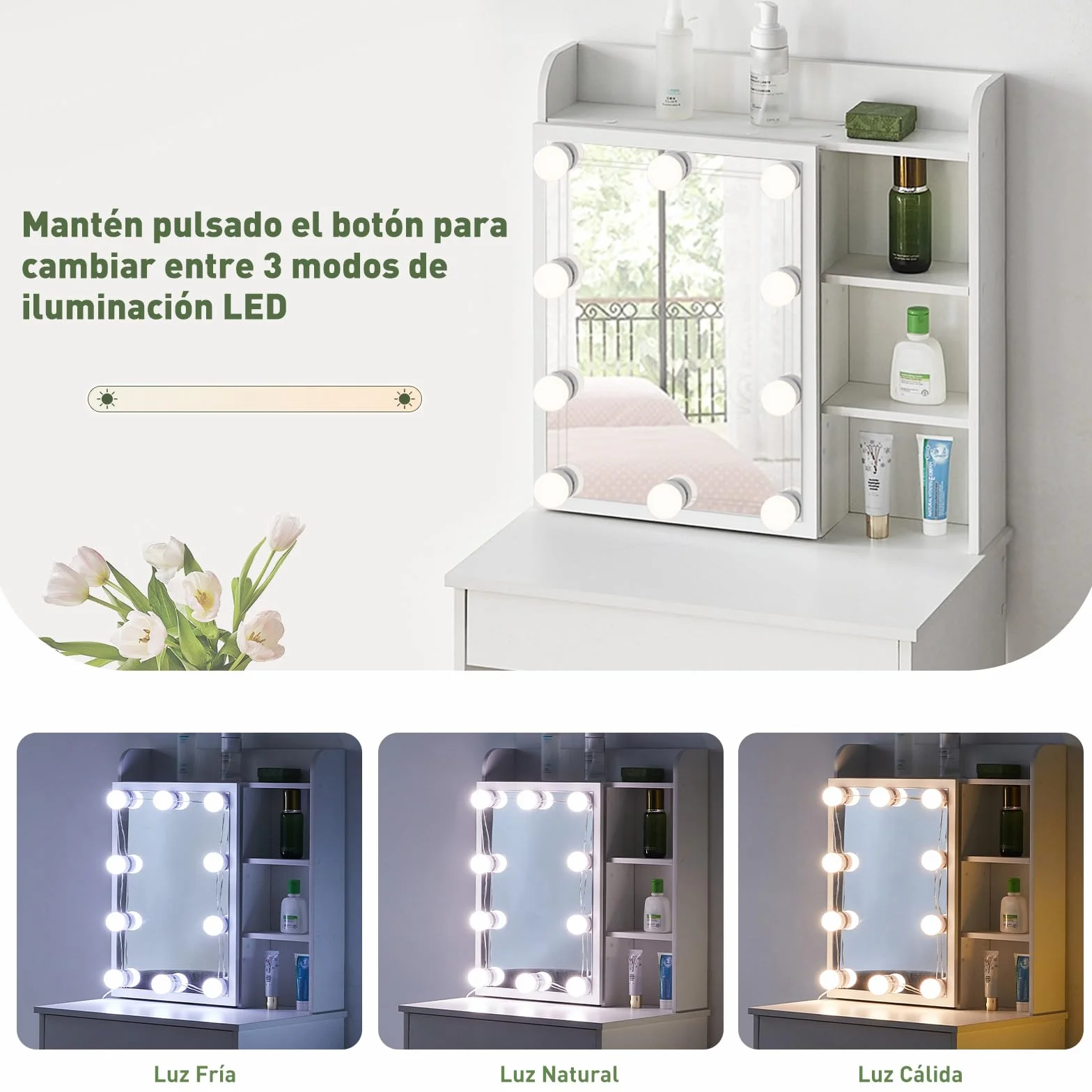 LEMROE Tocador Hollywood con Espejo LED y Taburete, Mesa de Maquillaje Blanca con 7 Estantes y 1 Cajón