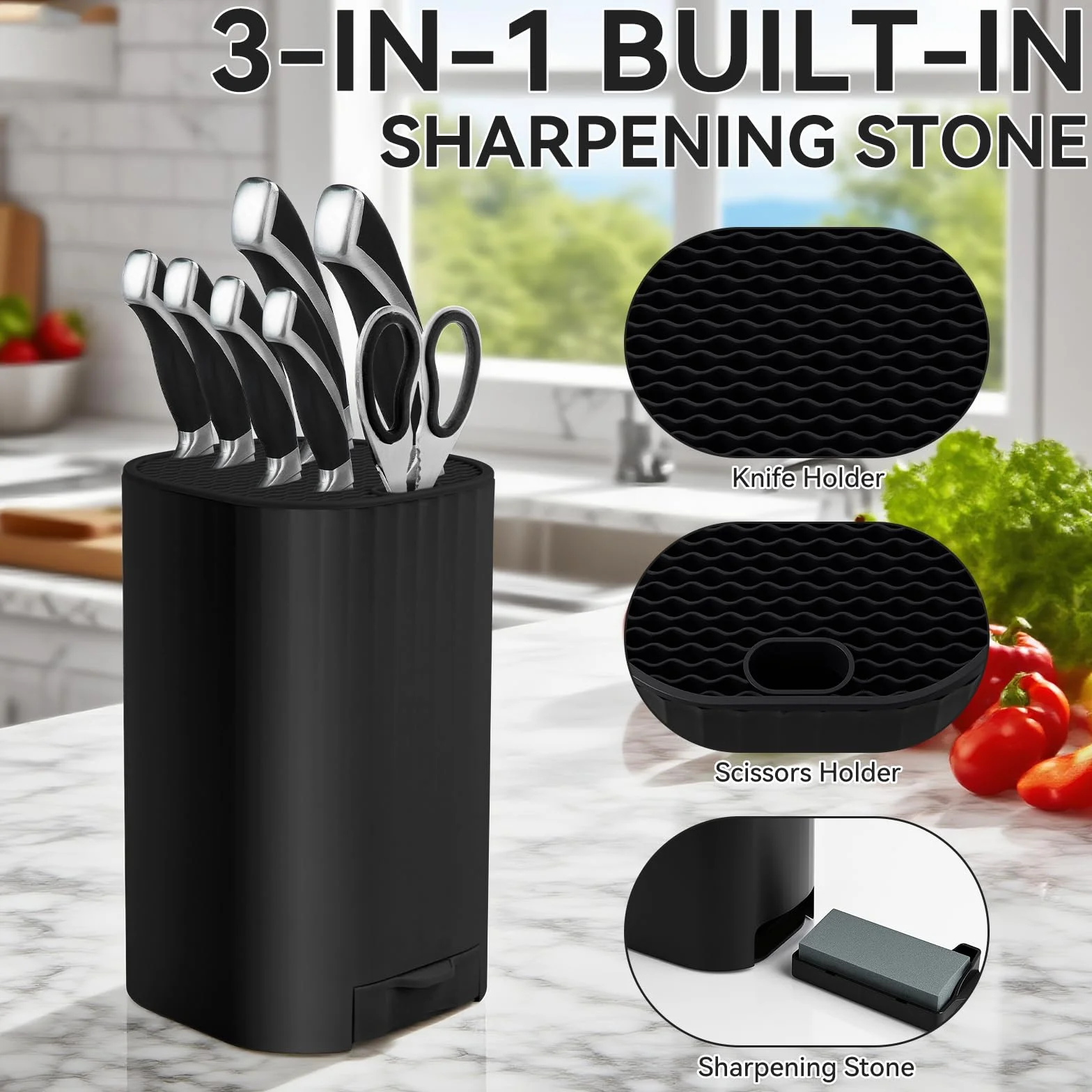 Bloque para Cuchillos sin Cuchillo, Porta Cuchillos Cocina con Piedra de Afilar, Universal Soporte Cuchillo Desmontable