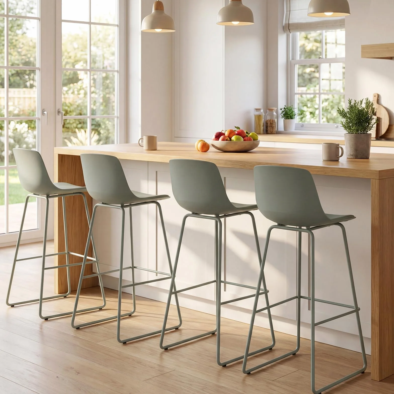 COSTWAY Juego de 4 Taburetes de Bar, Altura Asiento 76 cm, Taburetes Altos de Cocina con Respaldo, Asientos Acolchados, Reposapiés y Patas Metal, Silla Altas de Bar para Isla Cocina y Comedor, Verde