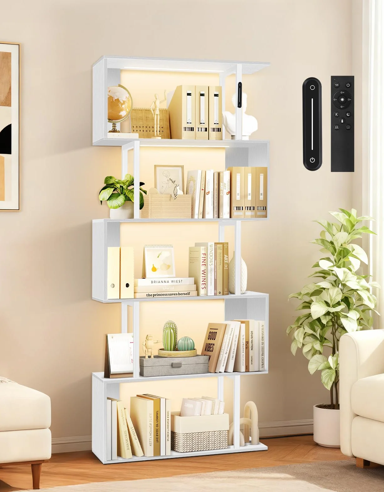 Librería con Forma de S con Luz, 5 Niveles, Control Táctil y Mando a Distancia, Estantería Expositora Autoportante de Estilo Industrial para Salón, Dormitorio y Oficina (70 × 24 × 157 cm)