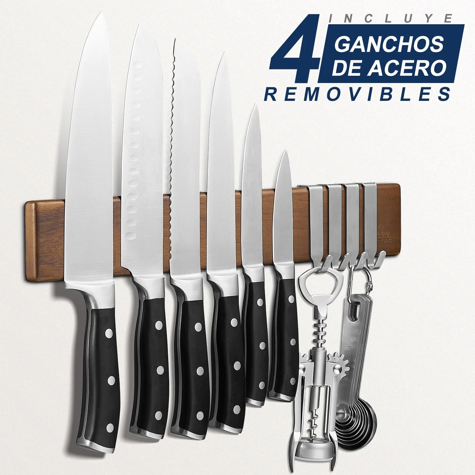 ENOKING Barra Magnetica para Cuchillos 40 cm, Soporte Imán de Madera de Acacia con Ganchos