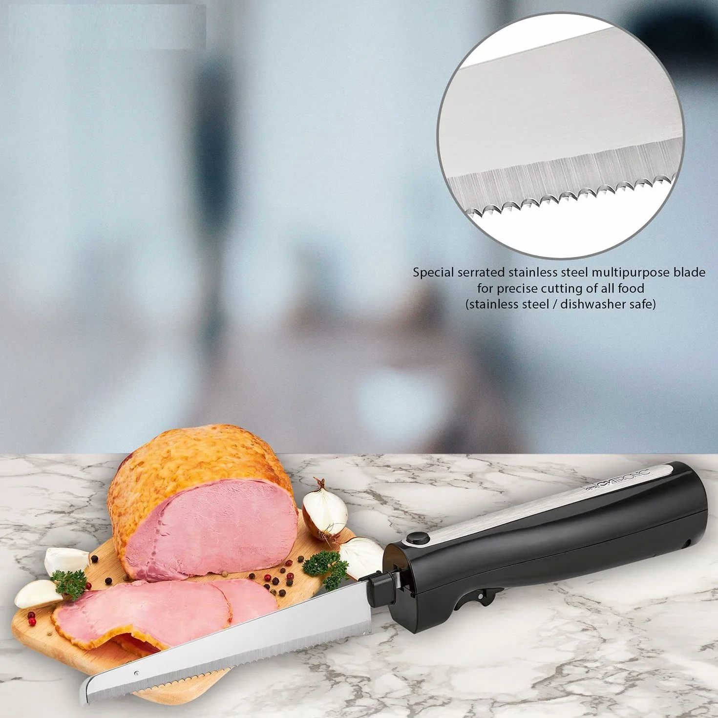 Cuchillo eléctrico para pan de carne con cuchillas dobles de acero inoxidable, incluye caja y paño de cuidado, cuchillo electrónico, potente motor de 120 W, silencioso, inoxidable, color negro