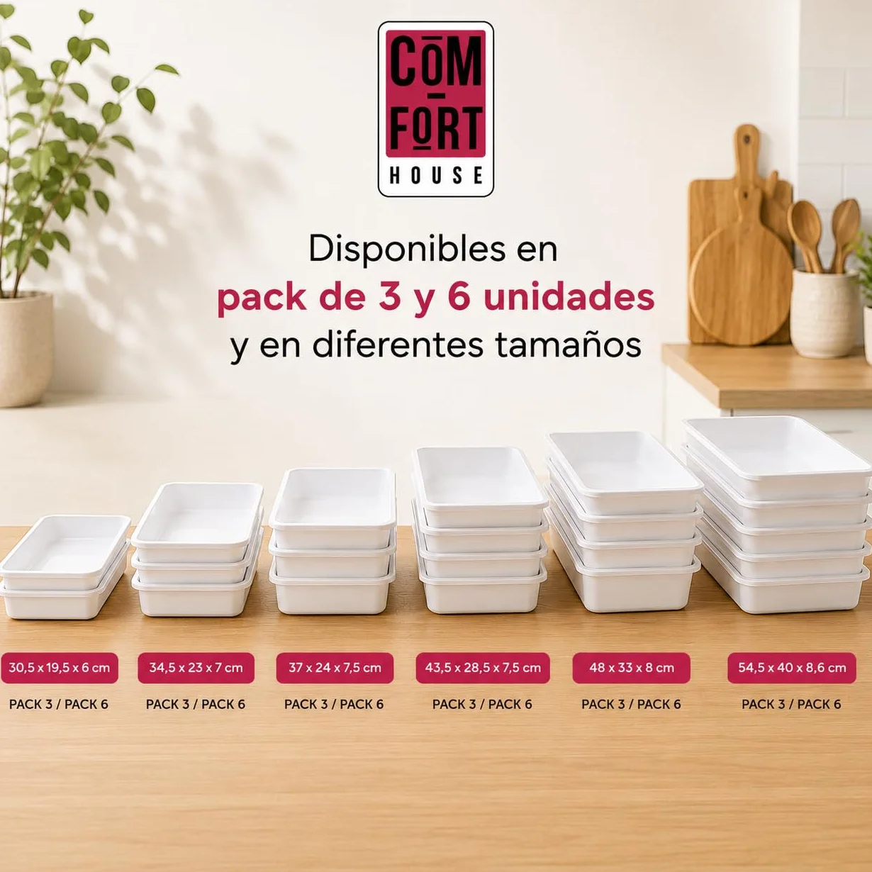 COM-FORT HOUSE Bandejas de Plástico Rectangulares Blanco, Pack 3, 34,5x23x7 cm, Organizador Multiusos para Cocina, Nevera, Baño y Almacenaje