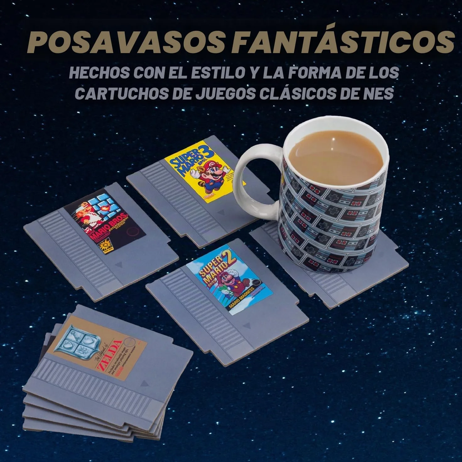 Posavasos Retro NES Nintendo - Set de 8 Posavasos Oficiales con Juegos Clásicos, Regalo para Gamers