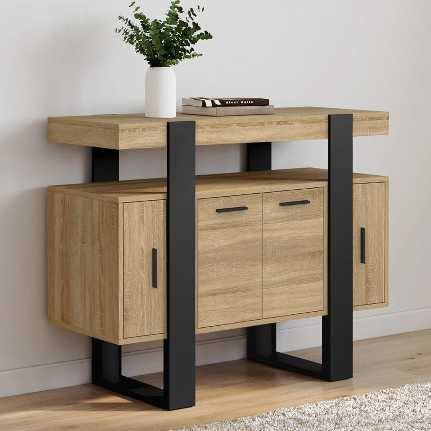 IDMarket Phoenix - Armario Aparador (100 cm, 4 puertas, madera y negro), color negro