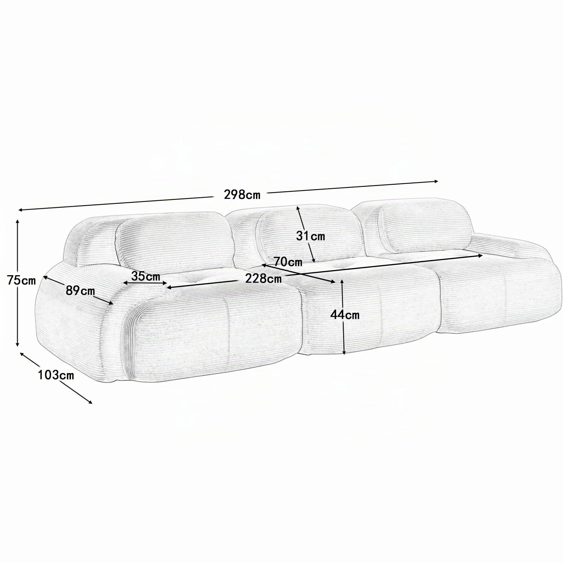 Sofá modular de 3 plazas de tela de pana, sofá sin estructura, sofá comprimido, sin montaje y con base antideslizante, combinable libremente, para salón, zonas de descanso, 298×103×75cm (Gris