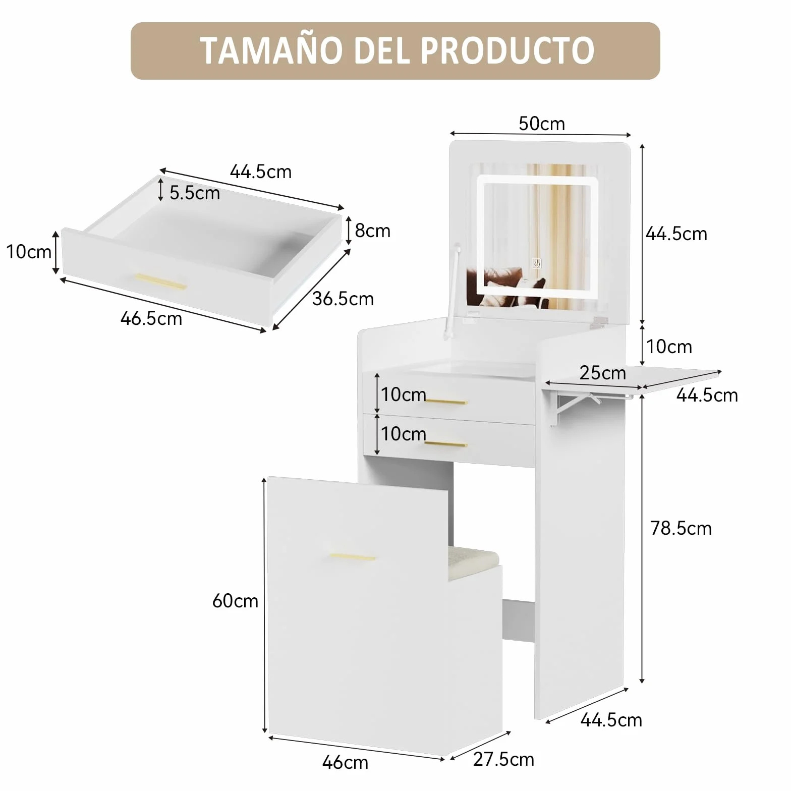 YU YUSING Tocador 3 en 1 con Espejo Abatible, Tocador con Taburete
