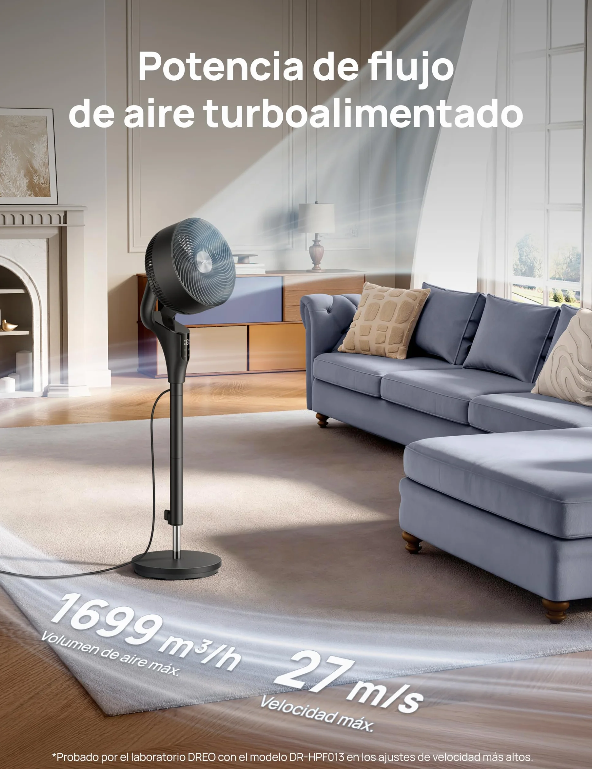 Dreo Ventilador de Pie Silencioso para Dormitorio [Mejorado], Flujo de Aire 27m, 20dB, Oscilación 90°, Motor DC, 8 Velocidades, 3 Modos, Altura 96–106 cm, Temporizador 8H, Inclinación 105°