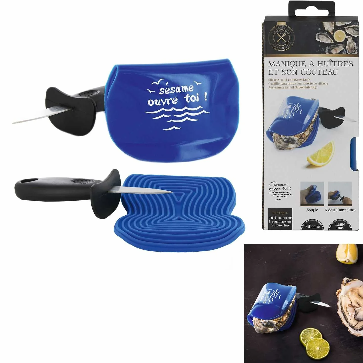COOK CONCEPT - KU6287 Cuchillo para Ostras con Soporte de Silicona, INOX/PP, Guante de Cocina Incluido, Apertura Fácil, Dimensiones 10,8 x 1 x 15 cm, Color Azul