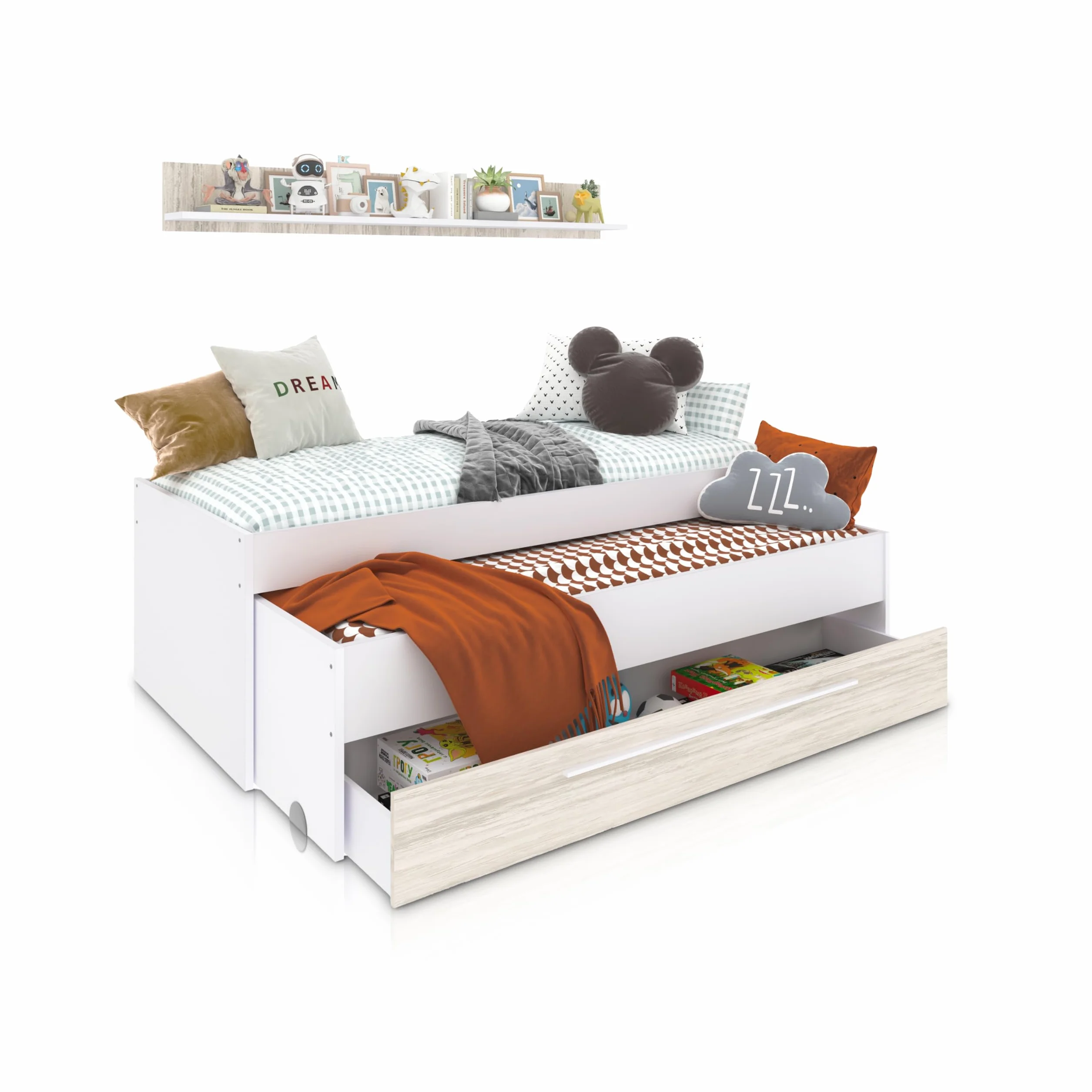 Cama Nido Juvenil 2 Camas Cajon Estante Modelo Nuit Blanco 199x96x65 cm