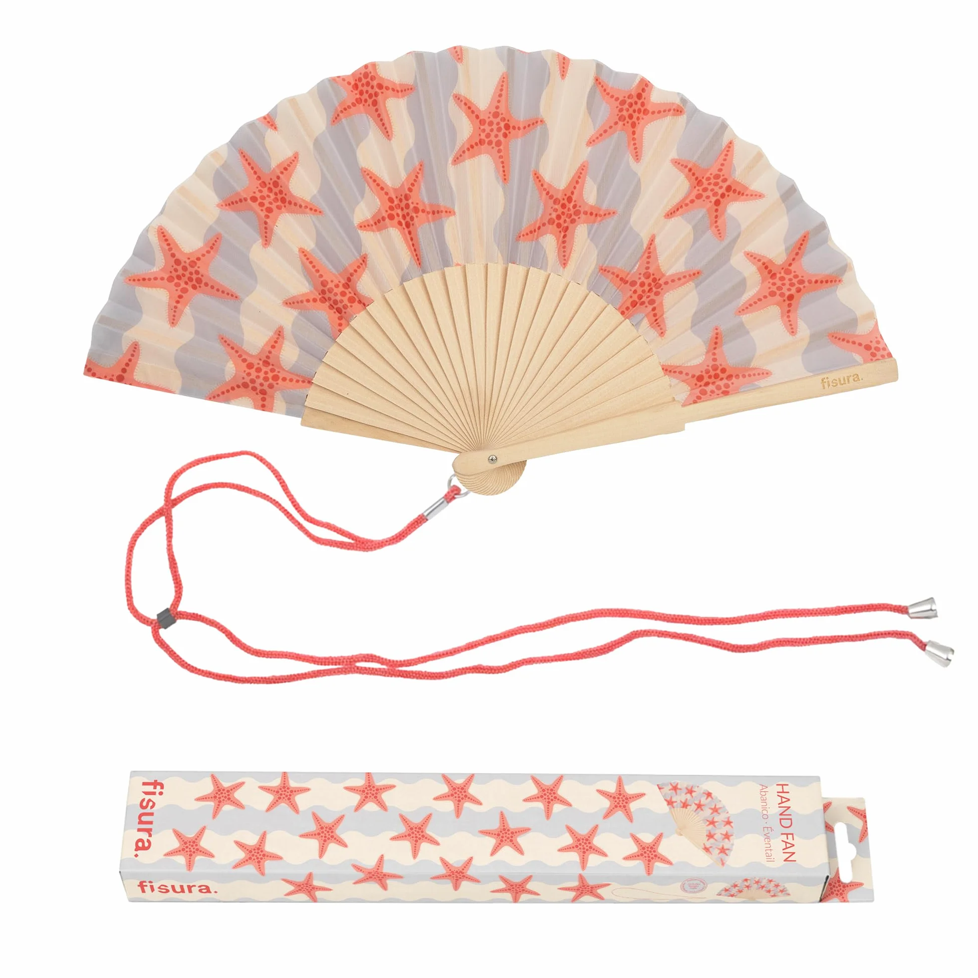 Fisura – Abanico original con estampado de estrellas de mar. Abanico de madera moderno y colorido. Ventilador de mano azul y rosa. Colgador incluido. Idea de regalo divertido. 42,5 x 23 cm