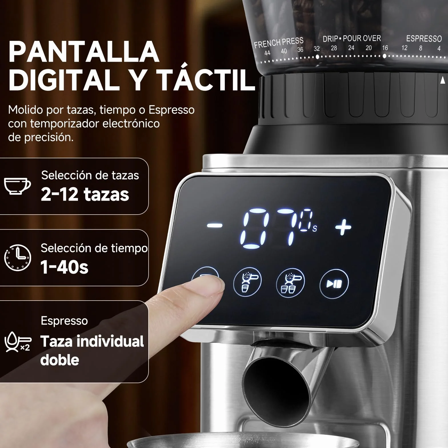 AMZCHEF Molinillo de Café Eléctrico con 48 Niveles de Molienda, Sistema Antiestático, Pantalla Táctil LCD, Depósito de 300 g, Acero Inoxidable, para Espresso, Café Filtrado, French Press
