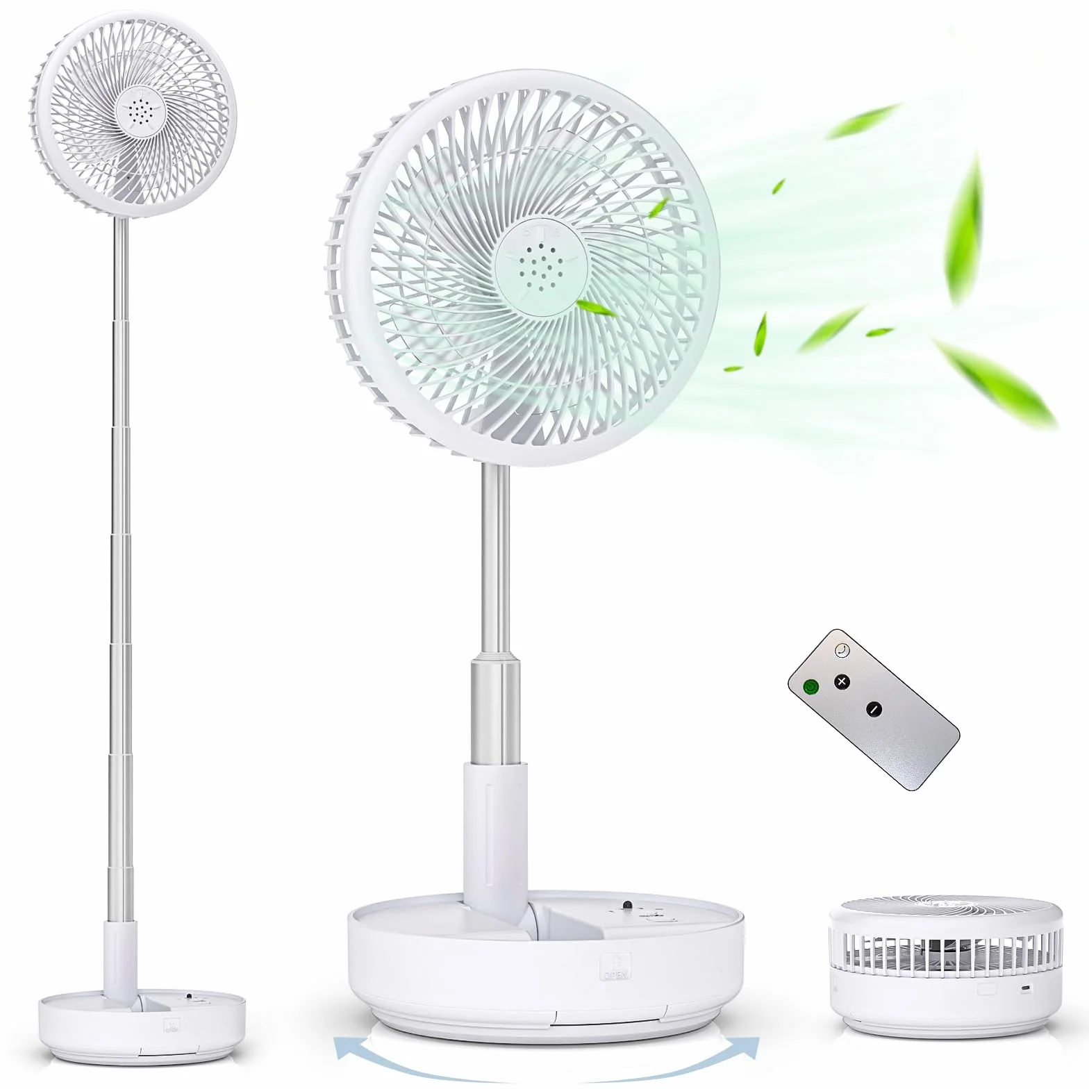 Primevolve Ventilador de Pie Portátil Auto-rotación con Remoto, 8'' Plegable Suelo/Mesa Ajustable, 7200mAh USB C Ventilador para Viajes Camping,Silencioso para Dormitorio Oficina (Blanco)