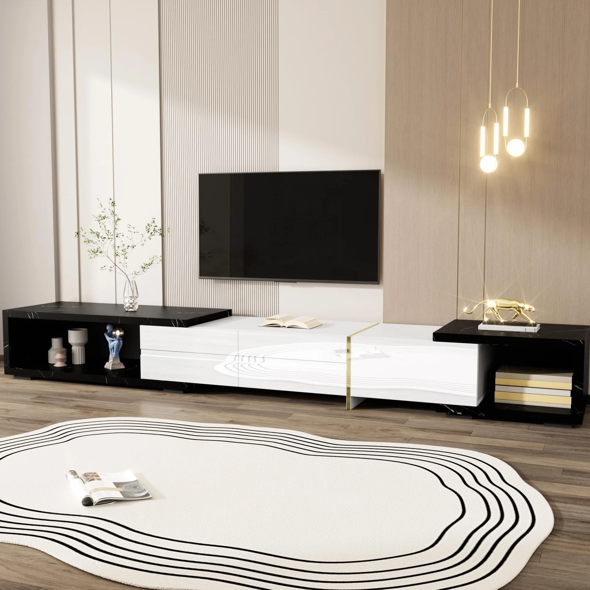 Moimhear Mueble de TV con longitud variable (140-260 cm), función giratoria, efecto mármol negro, acabado mate blanco y adornos dorados (blanco)