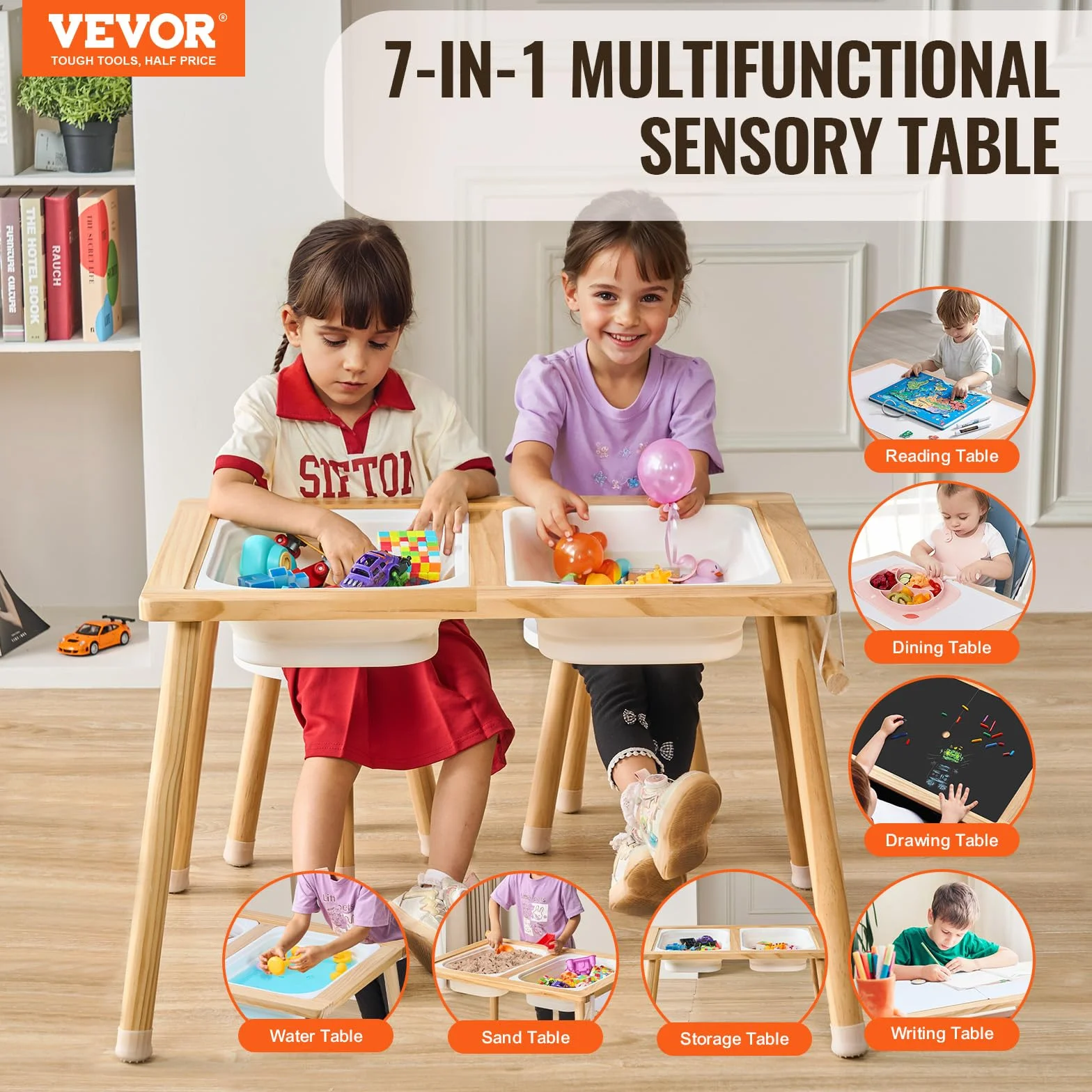 VEVOR Mesa Sensorial para Niños con 2 Taburetes, Contenedores y Soporte para Rollos de Papel, Juego de Agua y Arena
