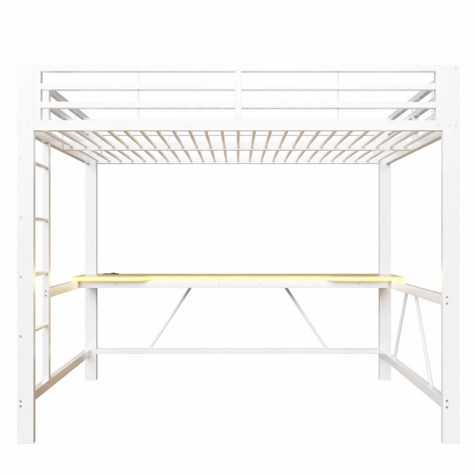 Litera de 140 x 200 cm con tira LED, USB, cama alta para niños con escritorio, ahorra espacio, estructura de cama de metal para juegos con riel, sin colchón, apto para dormitorios y otros (blanco)