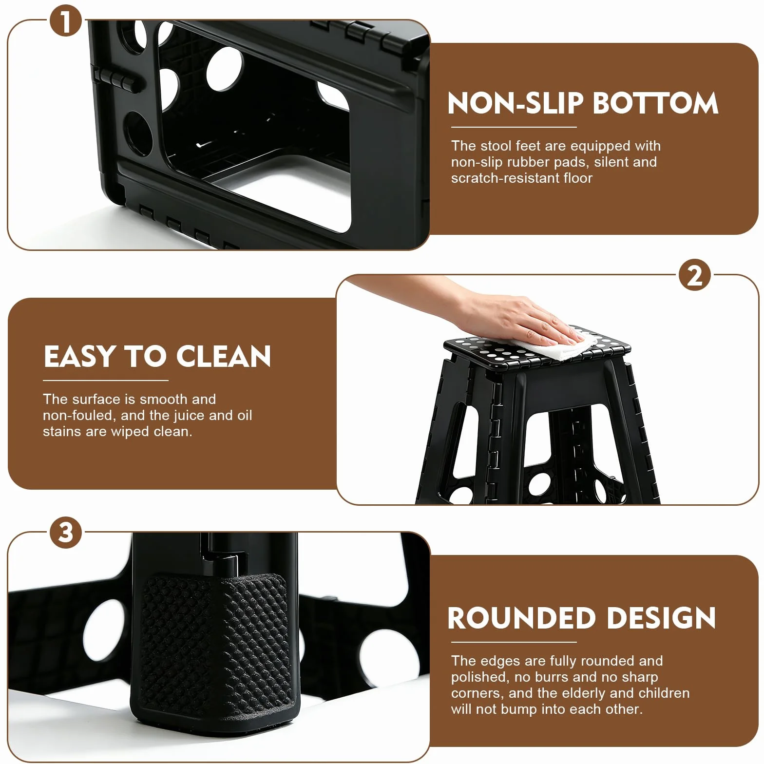 Taburete Escalón Plegable Portátil - Altura 45 cm - Soporta hasta 150 kg - con Asa para Llevar - Estable para Cocina, Baño, Habitación Infantil, Recibidor y Camping - Negro