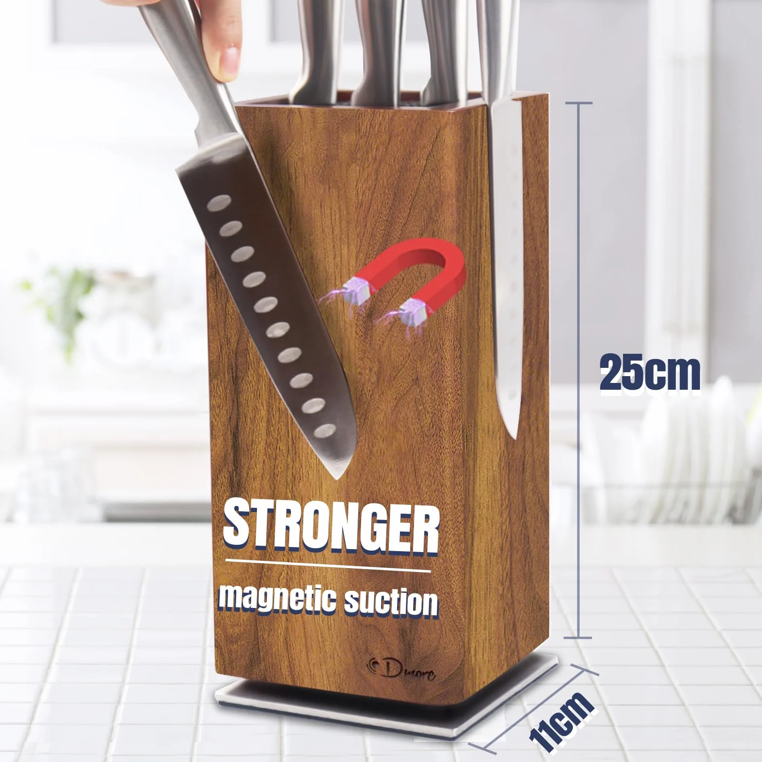 Dmore Bloque magnético para cuchillos giratorio 360°, sin cuchillos, soporte magnético para cuchillos de madera de acacia, extra gran capacidad, para cuchillos y utensilios para mesa de cocina