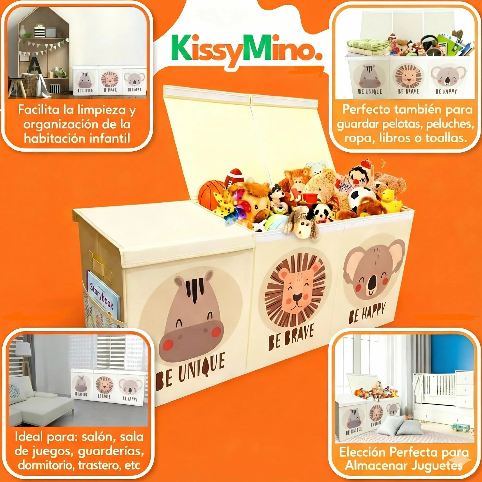 Baúl almacenaje juguetes infantil XL con tapa plegable, Organizador juguetero beige