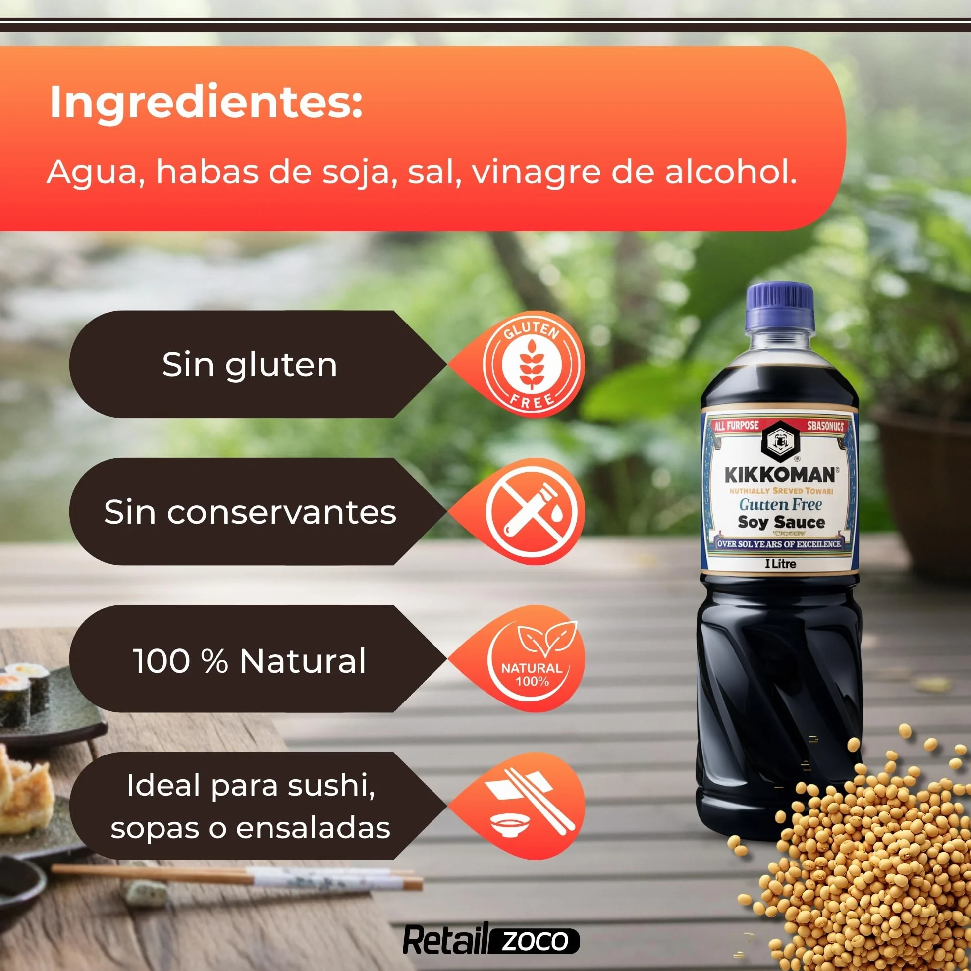 Salsa de Soja sin Gluten Japonesa 100% Natural 1000 ml para Sushi, Verduras, Sopas