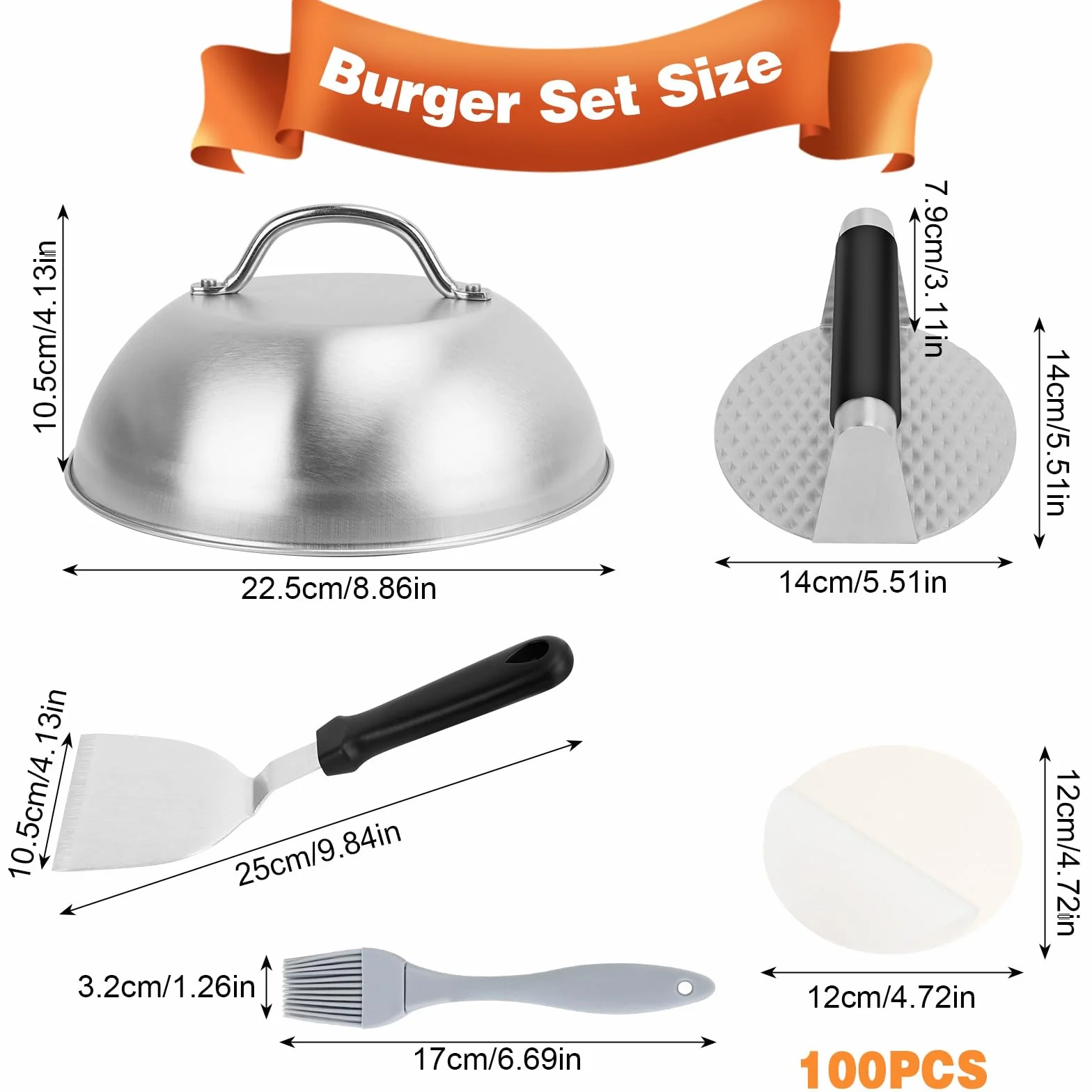 Campana para Hamburguesas Smash Burger de Acero Inoxidable 304 con Espátula y 100 Piezas Papel Antiadherente