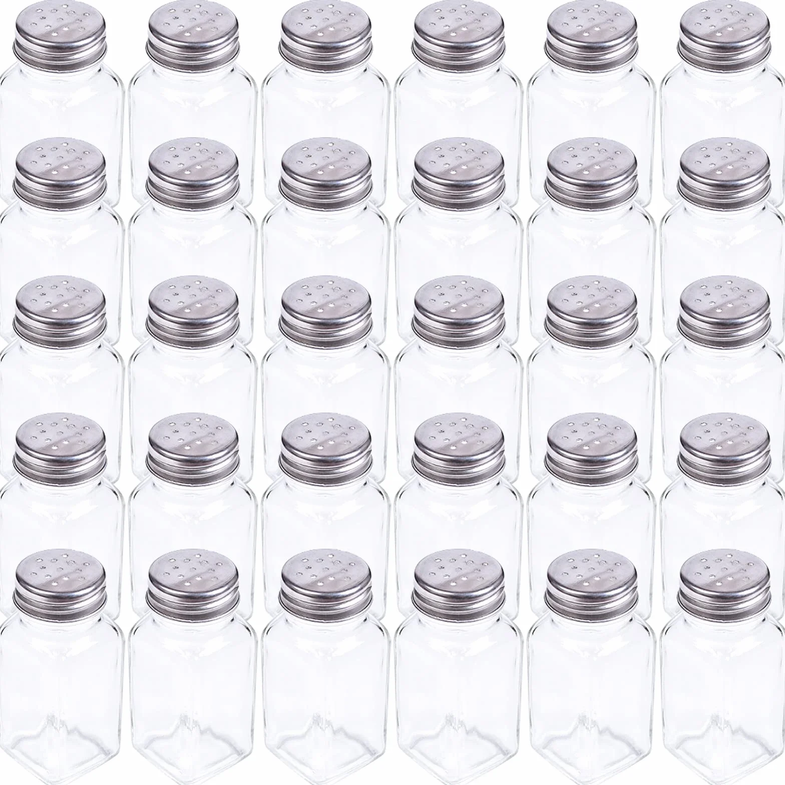 Tebery Juego de 30 saleros y pimenteros de vidrio con tapa de acero inoxidable, botella de especias de 2.7 onzas para cocina, restaurantes y catering, diseño clásico