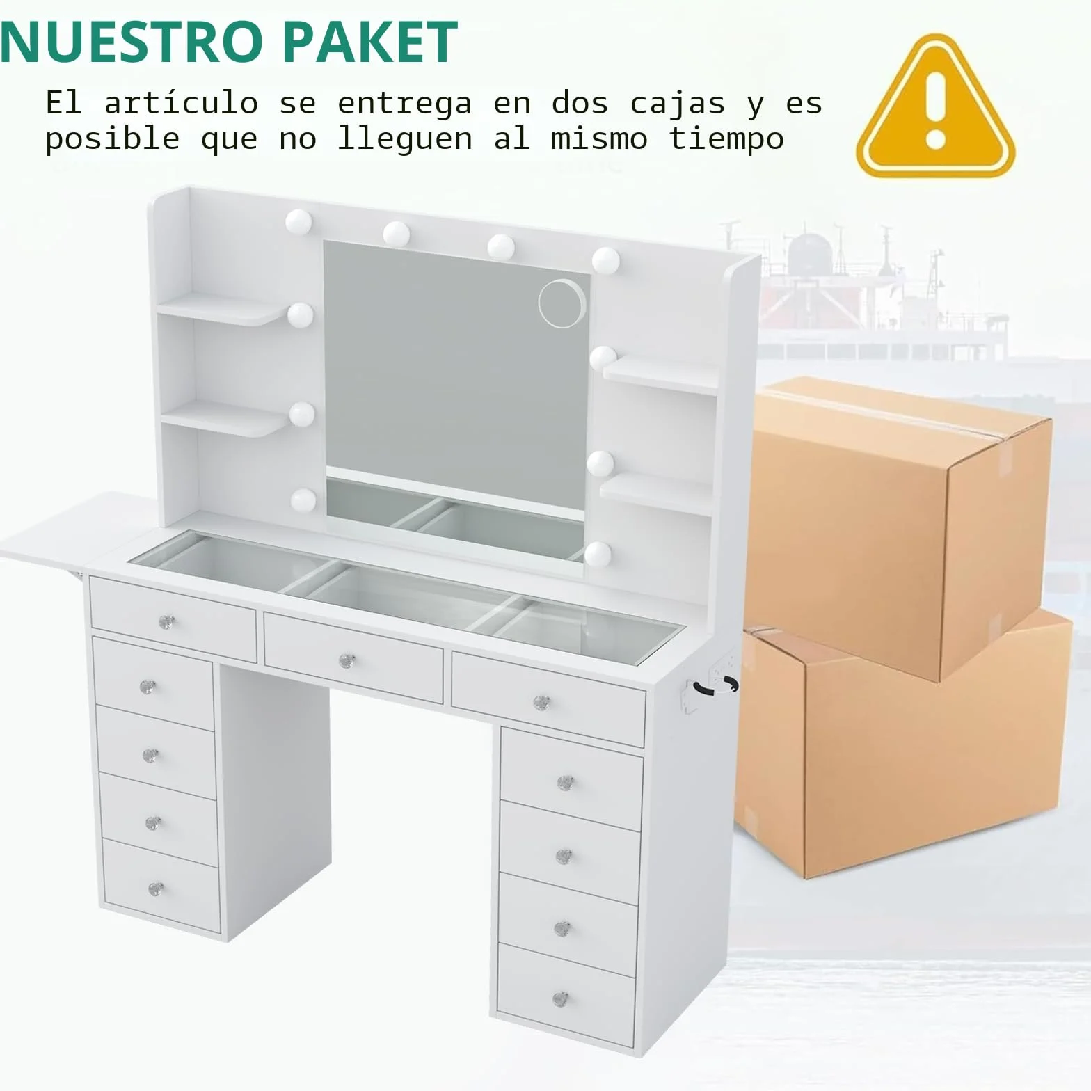 Yanosaku Tocador con Fuente de alimentación 47 Pulgadas más Ancho con Espejo y 12 Luces LED 3 Modos de iluminación de Color 11 cajones 4 estantes Panel Plegable Mesa de Cristal Juego de Maquillaje