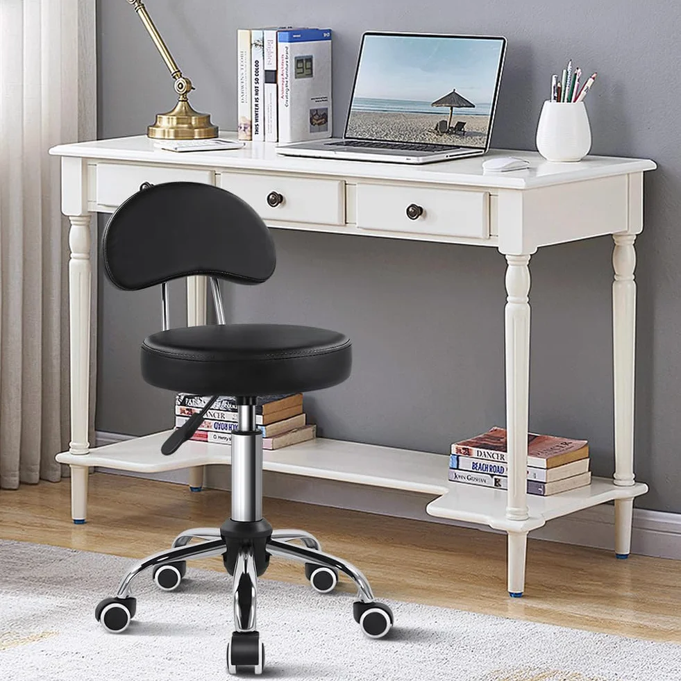 KKTONER Taburete Giratorio con Ruedas Respaldo Regulable Altura 48-64cm Asiento Cuero Sintético Negro