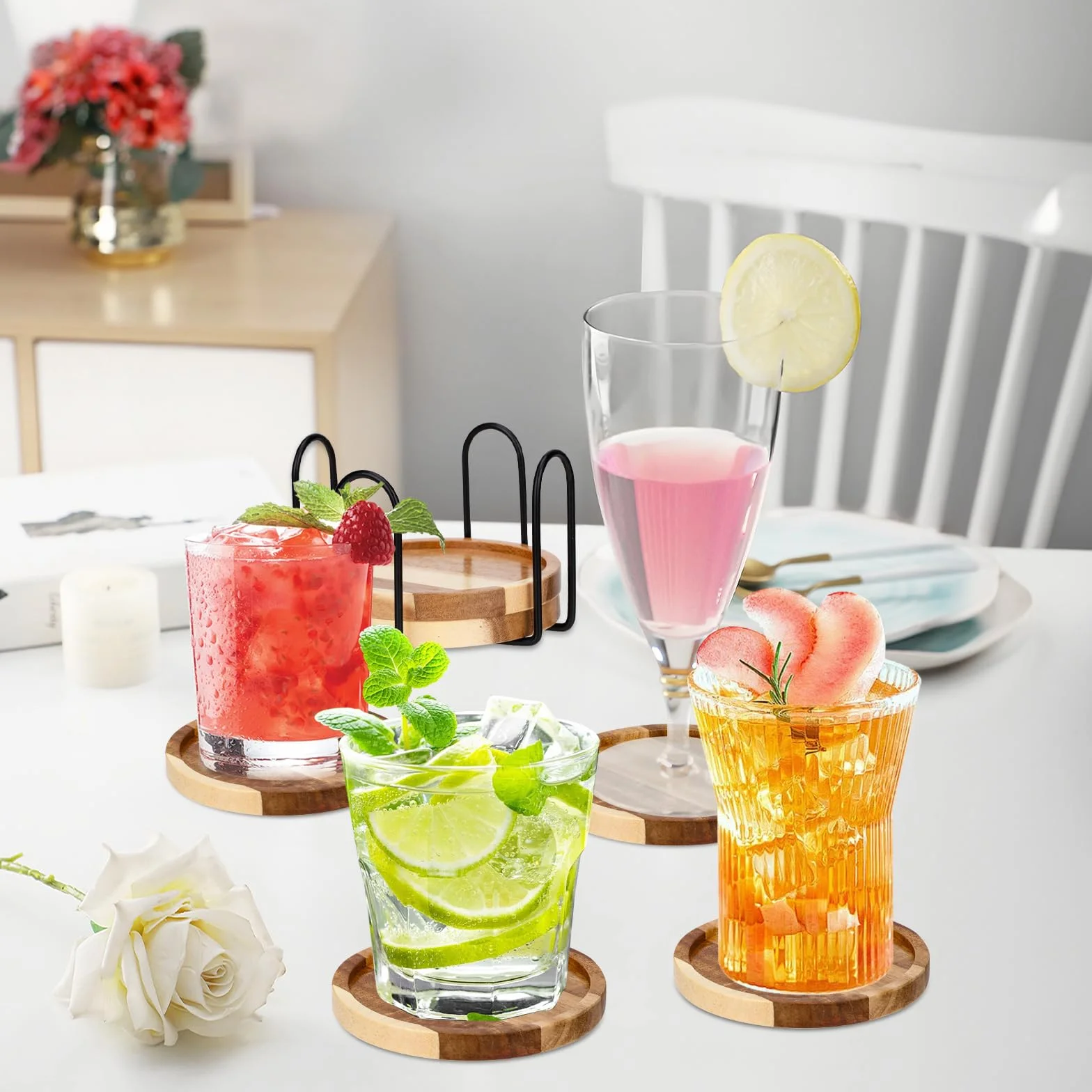 Posavasos de Madera Redondos con Bordes Elevados para Bebidas, Vasos y Bar