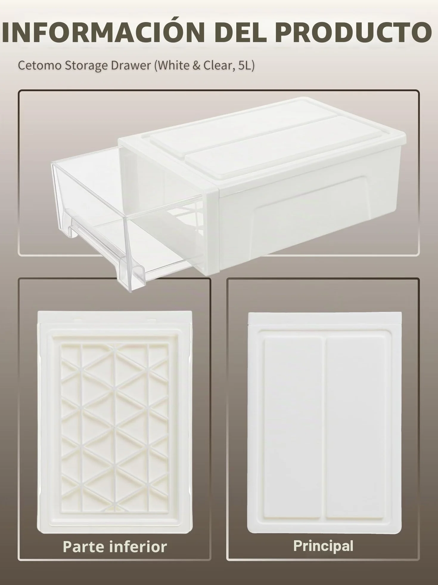 Cetomo 5L*3 Cajones de Almacenamiento de Plástico, Organizadores para Escritorio de Oficina, Caja de Almacenamiento, Torre Apilable para Cosméticos, Resistente, Blanco y Transparente, 5L-3 Unidades