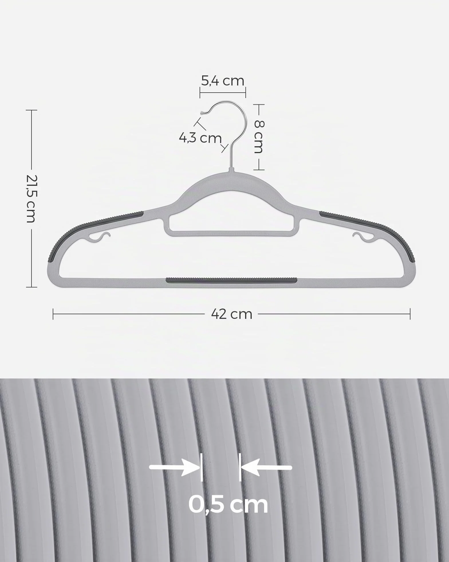 SONGMICS Juego de 50 Perchas, Perchas de PlÁstico, Antideslizantes, Ahorra Espacio, 0,5 cm de Grosor, 42 cm de Largo, Gancho Plata Giratorio de 360°, Gris Claro y Gris Oscuro CRP20G50