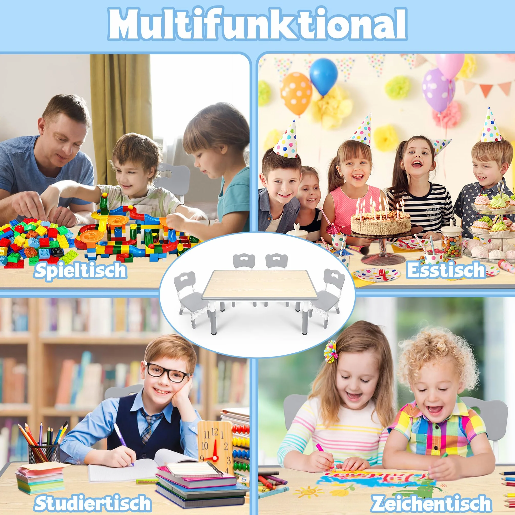 UISEBRT Mesa infantil con 4 sillas, grupo de asientos para niños a partir de 2 años, juego de mesa de plástico para guarderías y habitaciones infantiles, color gris