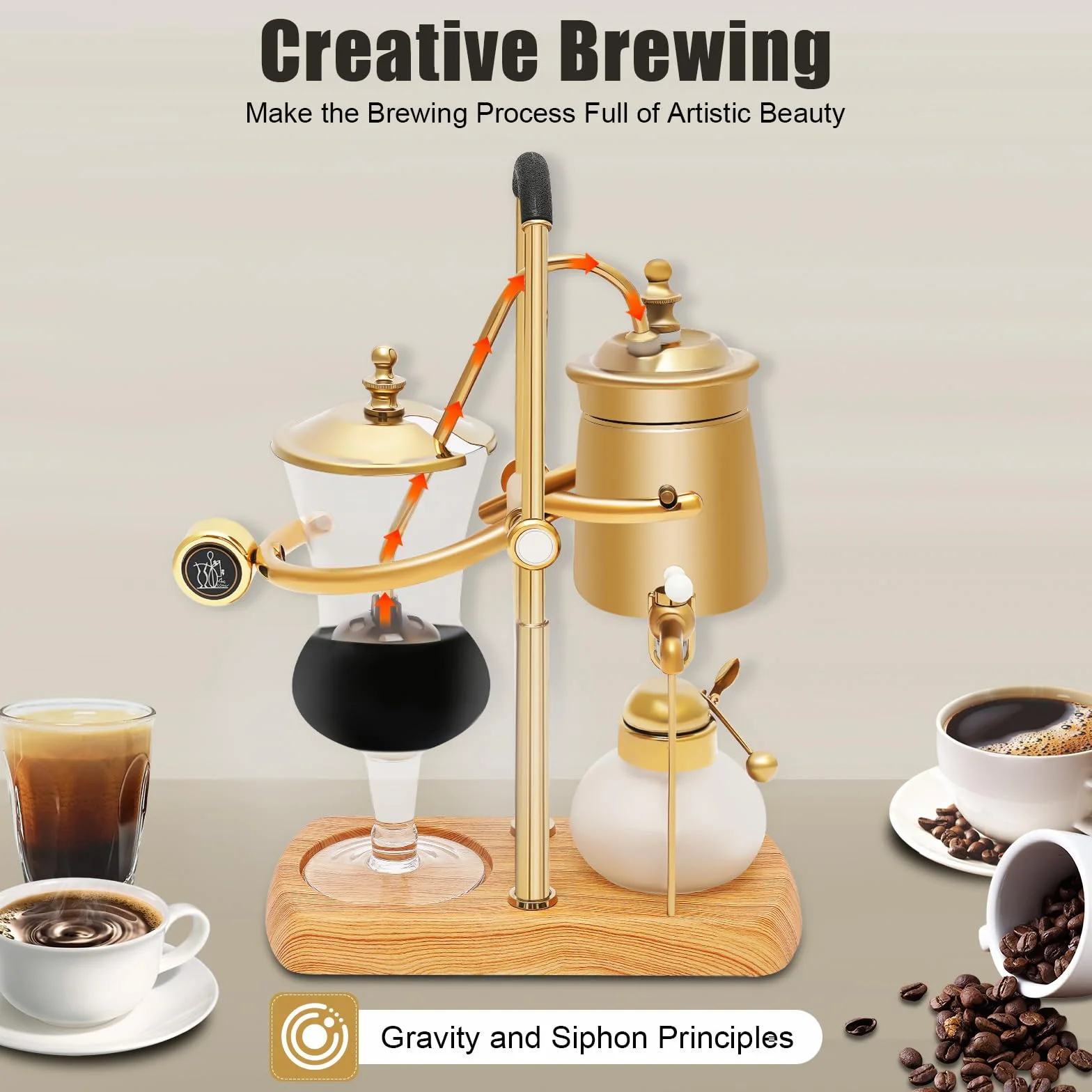 Sifón cafetera al vacío Sifón Belga Cafetera Set elegante doble acanalado Fulcrum con mango en T, negro egipcio y oro
