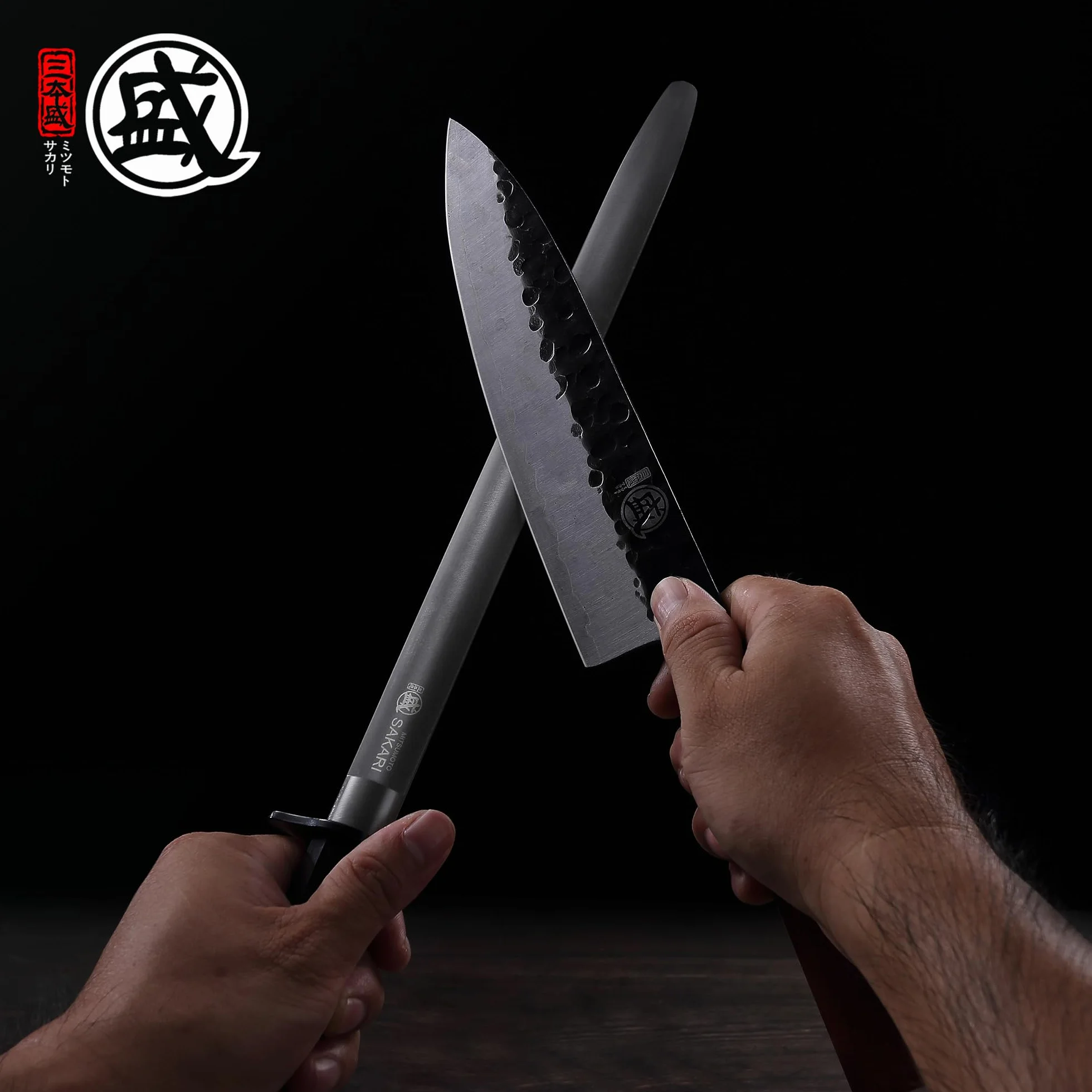 MITSUMOTO SAKARI 40 cm Acero Plano Negro de Alto Carbono, Chaira Afilar Cuchillos Japones, Afilador de Cuchillos Profesional (Mango de Madera al Ácido y Caja de Regalo)