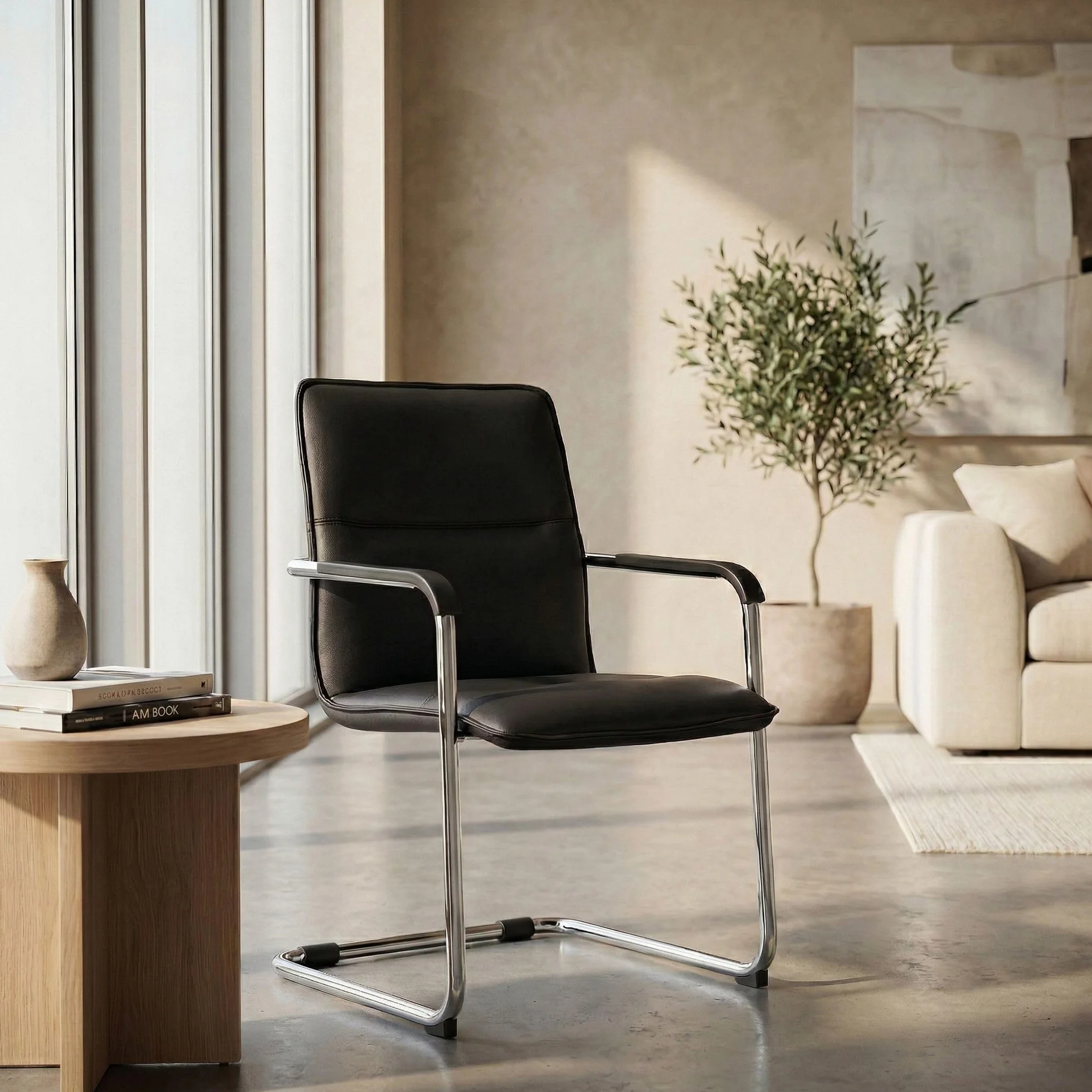 CLP Silla voladiza Seattle con reposabrazos, Silla de Comedor Moderna tapizada en Piel Sintetica, Estructura Metalica Efecto Cromo, Color:Negro