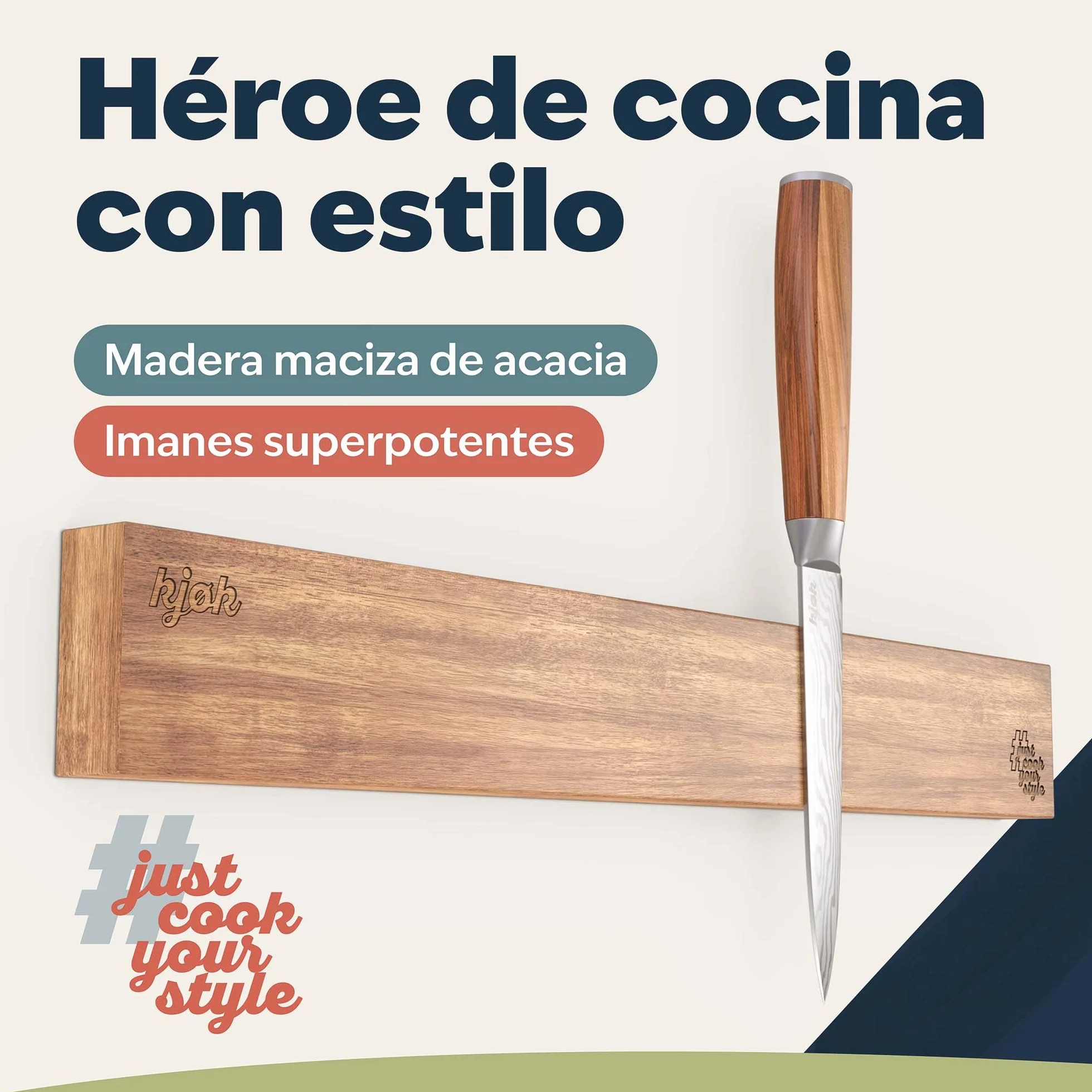kjøk Barra Magnética para Cuchillos de Madera de Acacia – soporte magnético de pared para cuchillos, tijeras y utensilios – montaje con adhesivo o tornillos, accesorios incluidos