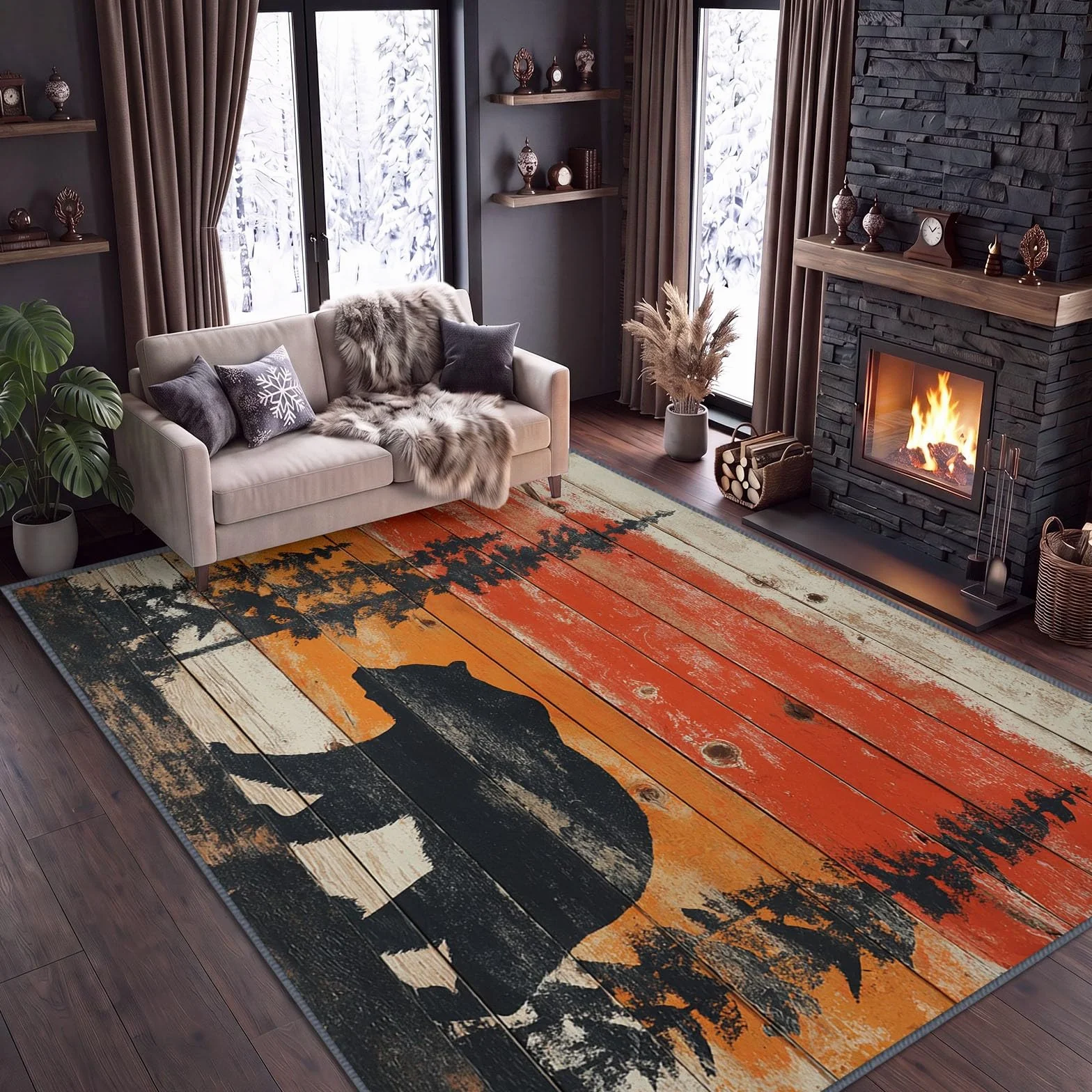 Alfombra para sala de estar, 140 x 200 cm, lavable a máquina, diseño de oso animal, alfombra de pino, alfombra rústica antideslizante de pelo bajo, alfombra para dormitorio, comedor, lavandería