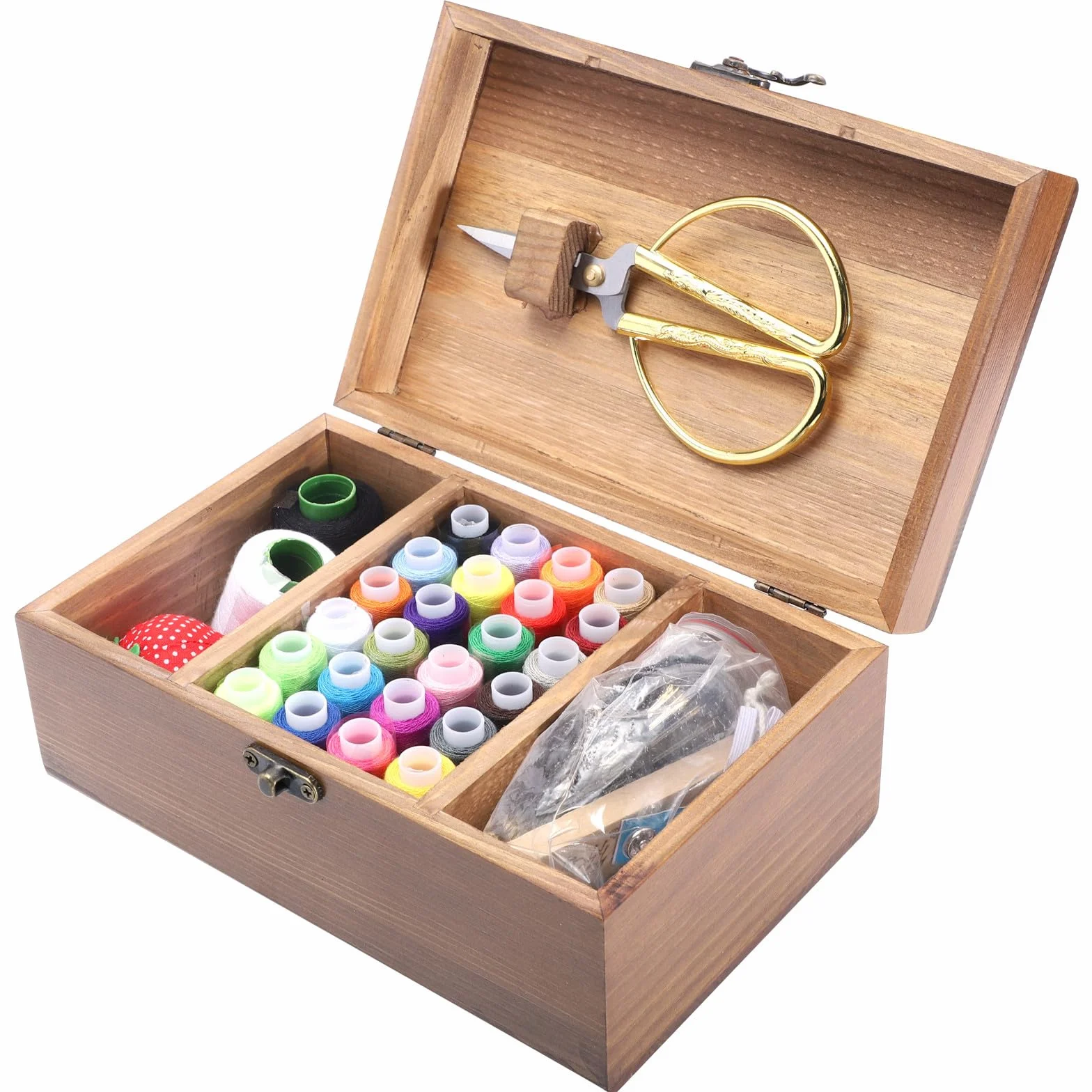 Didiseaon Estuche de Costura de Madera Natural Retro Gran Capacidad, Caja Organizadora Ecológica para Diy, Incluye Agujas, Hilos Variados y Tijeras