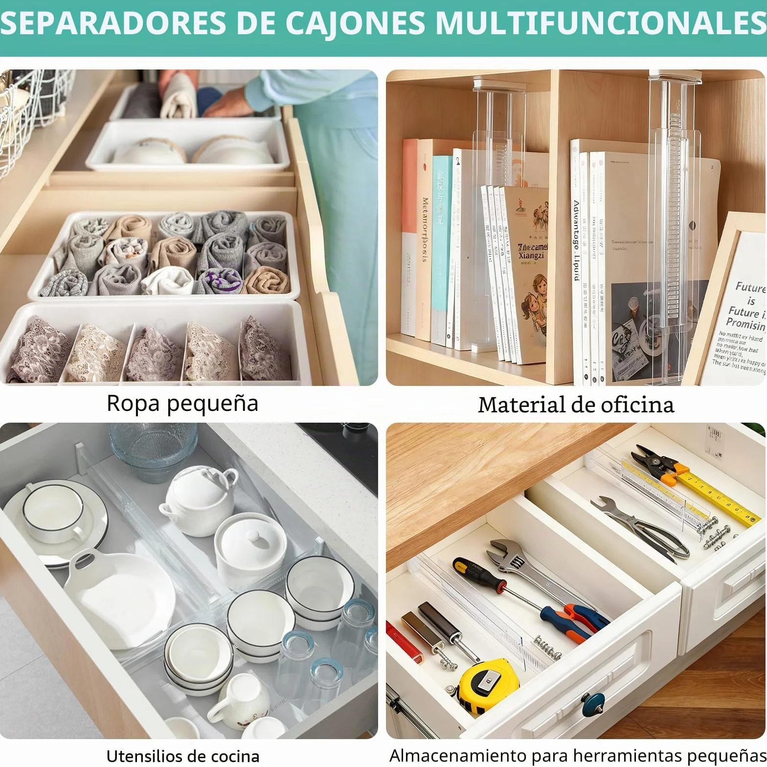 6 Piezas Separador Cajones Ajustable, Transparentes Separadores de Cajones, de 28,7 A 50,5 cm de Largo, Divisores de Cajones para Cocina, Dormitorio, Oficina, Escritorio y Cómoda