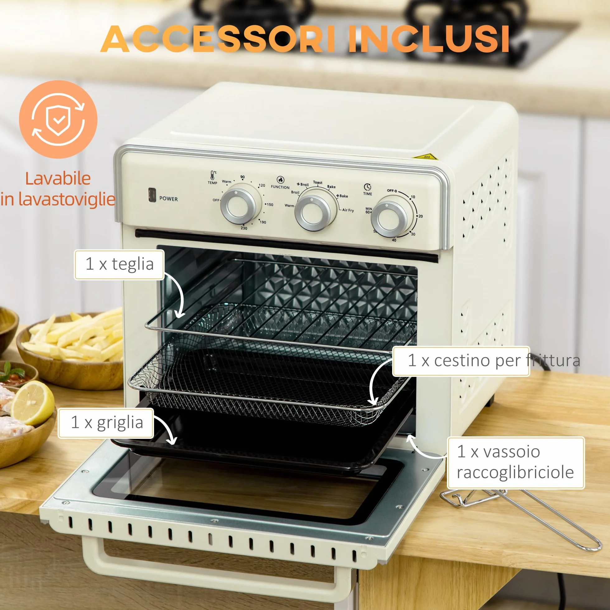 HOMCOM Horno eléctrico ventilado 20 L 1400 W multifunción aire caliente 90-230°C temporizador 60 min 5 modos doble cristal